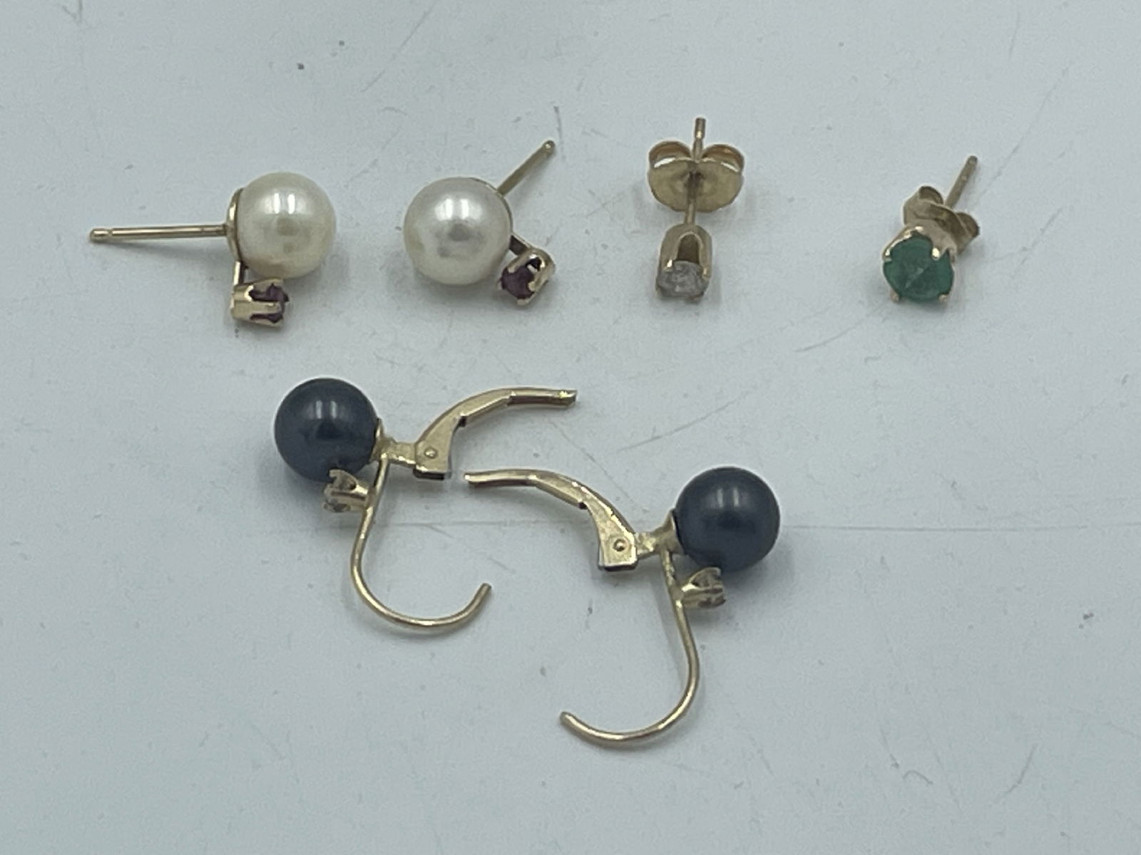 TWO PAIRS 14K GOLD PEARL EARRINGS AND TWO 14K STUDS WITH DIAMONDS, EMERALDS, AND RUBIES (1 of 4)