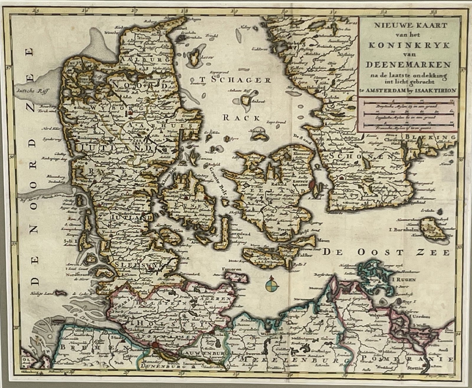 1734 MAP OF DENMARK BY J KEYSER SCHULER, 22" X 20" FRAMED AND 14" X 11.5" SIGHT (1 of 8)