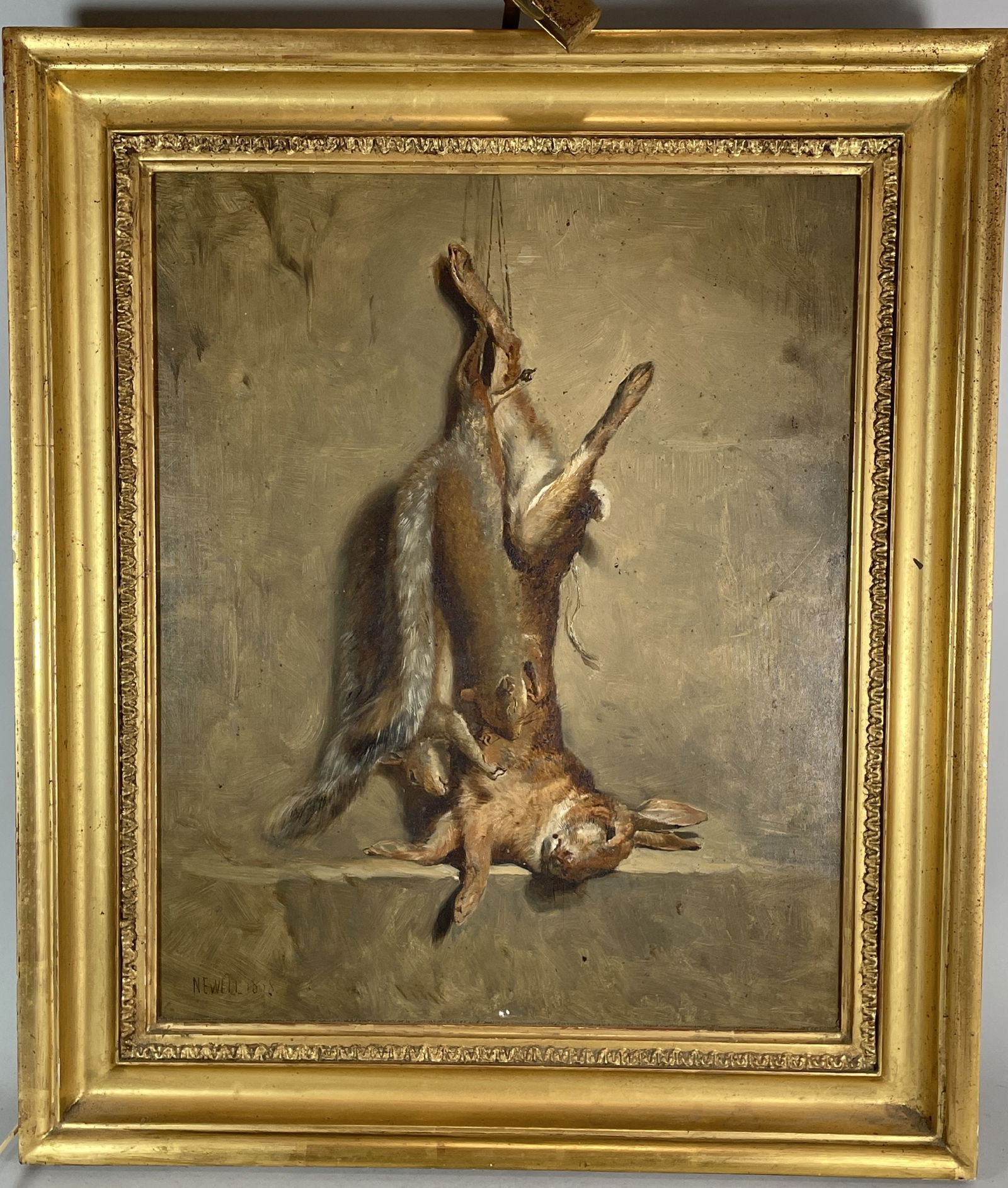 STILL LIFE OIL ON BOARD HUNT PAINTING "HARE AND SQUIRRELL" SIGNED NEWELL, 1858. 23" X 27" FRAMED AND (1 of 5)