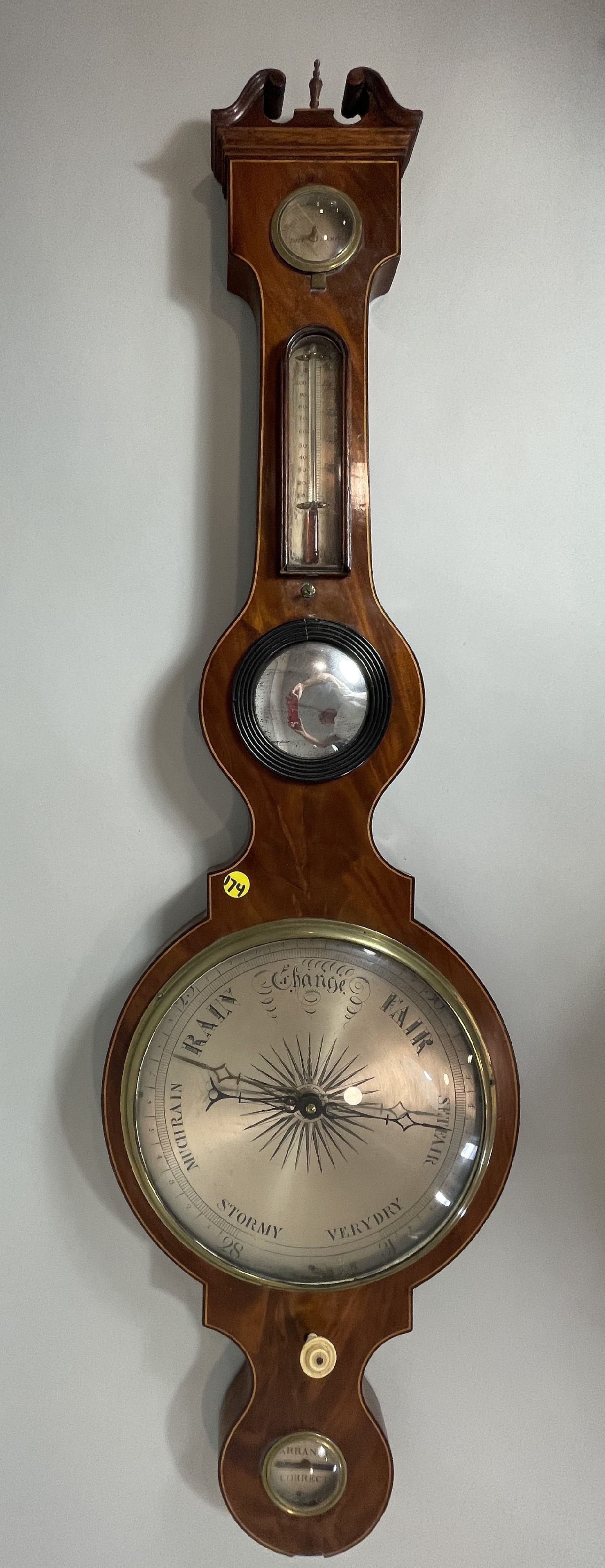A 19TH CENTURY INLAID MAHOGANY BAROMETER, 43" (1 of 12)