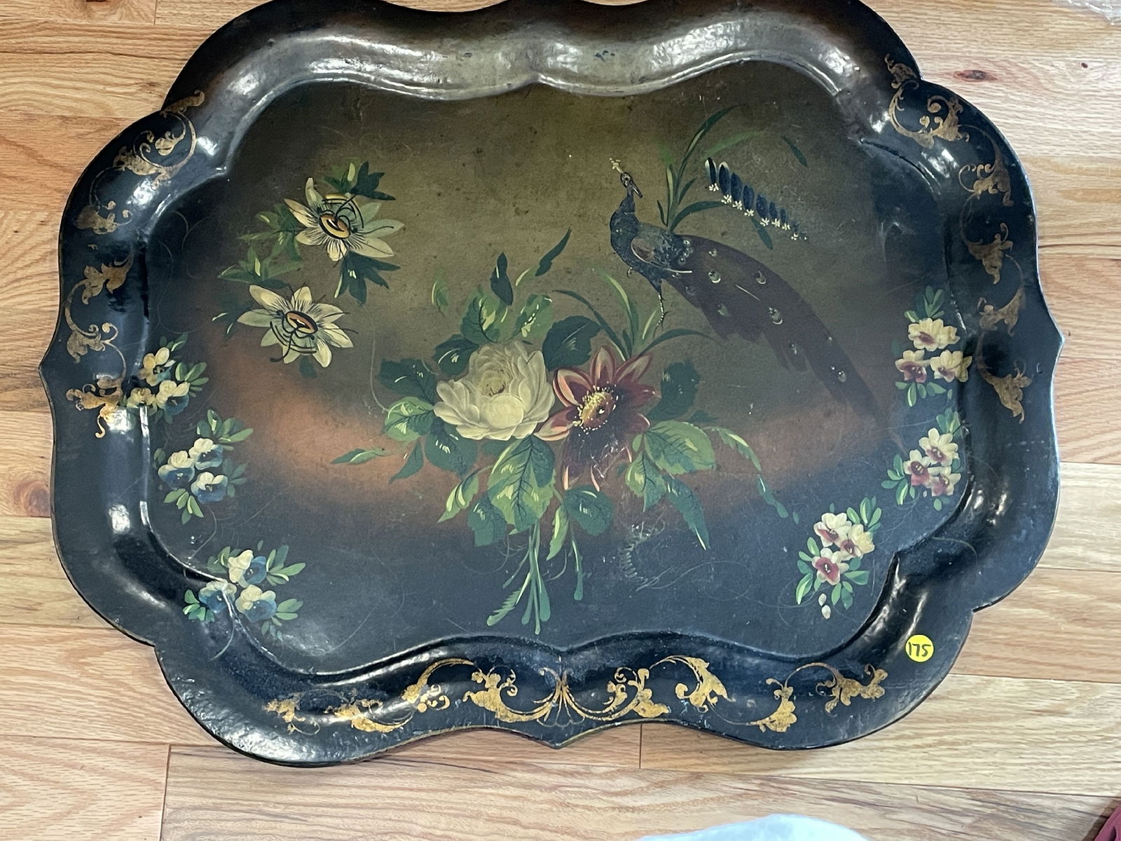 A LARGE 19TH CENTURY HP SERVING TRAY WITH PEACOCK, 24" X 31" (1 of 9)