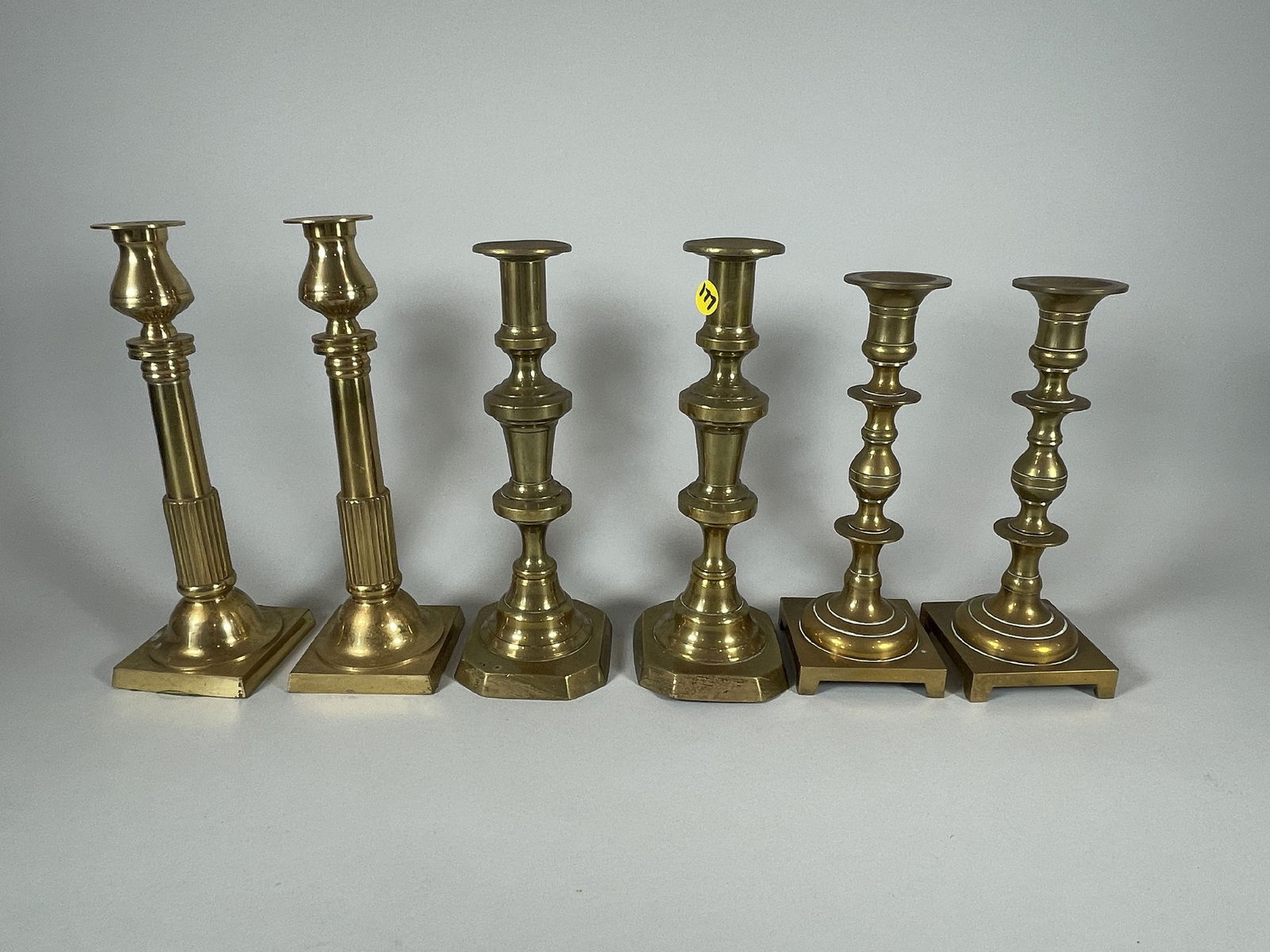 6 ANTIQUE BRASS PUSH UP CANDLESTICKS, 11" AND SMALLER (1 of 2)