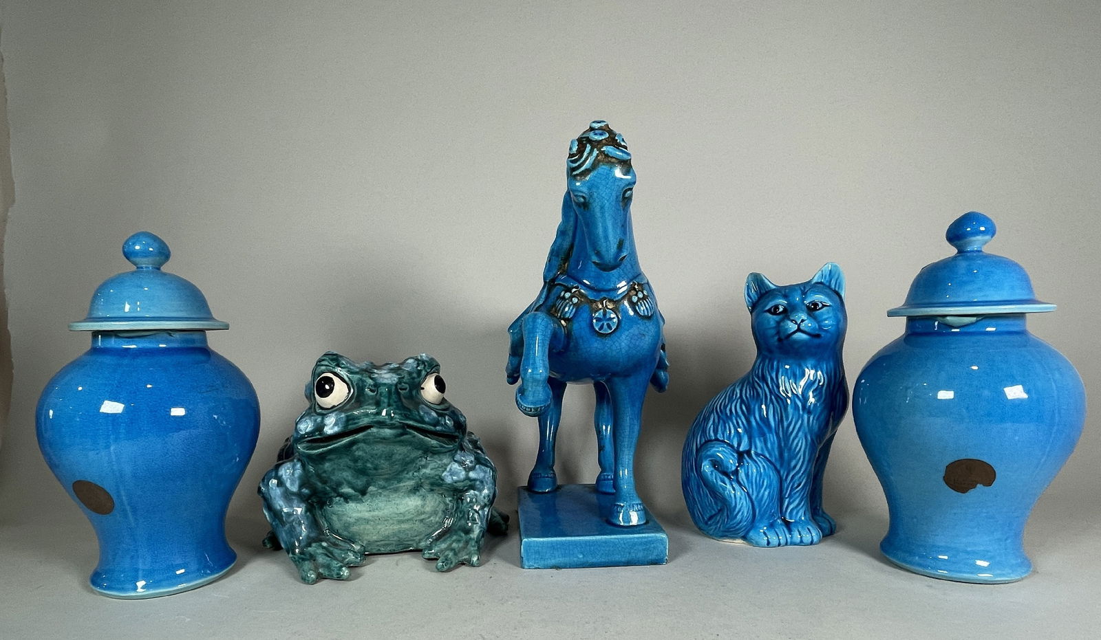 FIVE PIECES BLUE GLAZED POTTERY, 10" AND SMALLER (1 of 10)