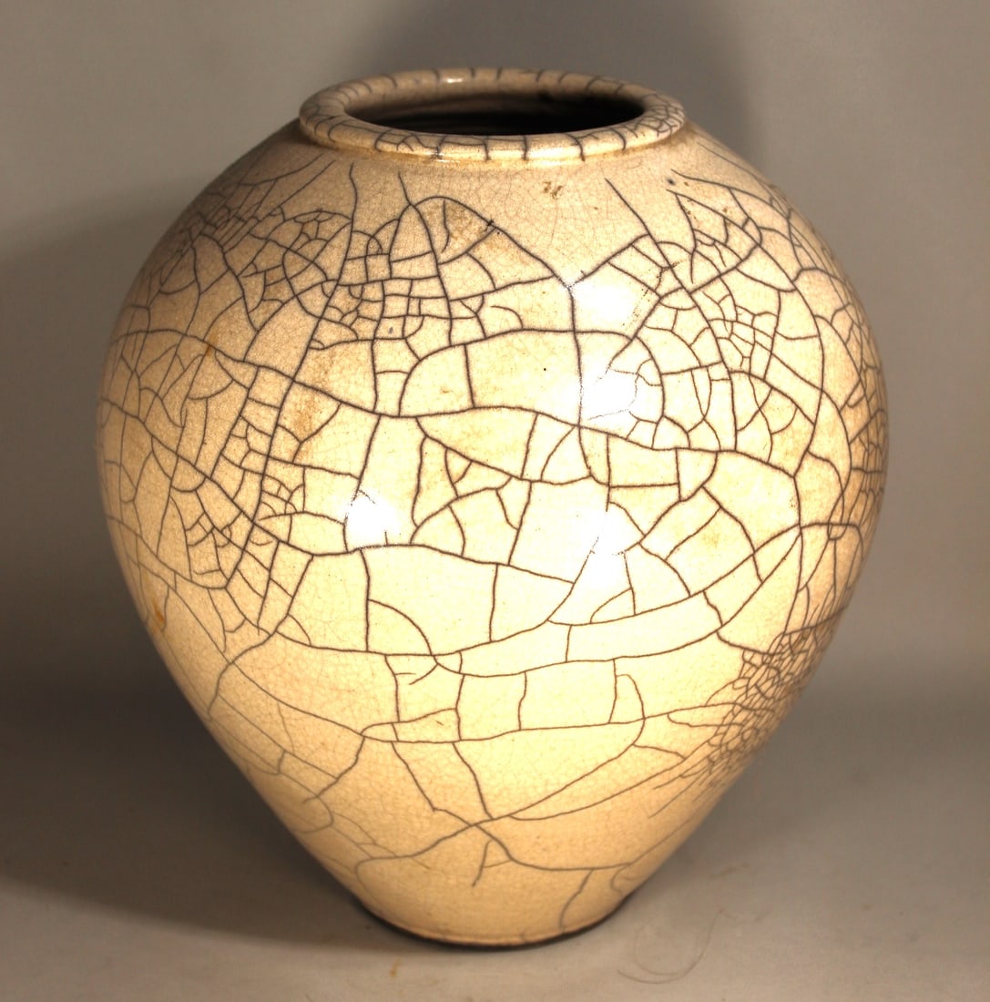 SIGNED MCM RAKU POTTERY VASE, HAVING CRAQUELURE 10" X 9" (1 of 2)