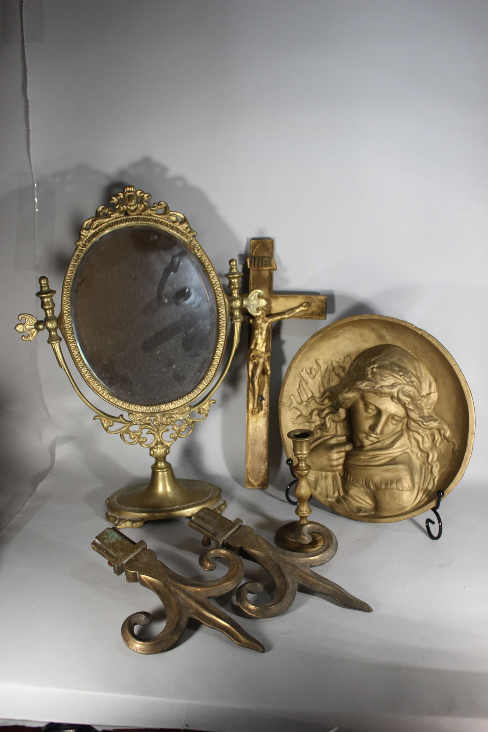CAST IRON AND BRASS DRESSER MIRROR, VICTORIAN WALL PLAQUE, ETC. 15" AND SMALLER (1 of 3)