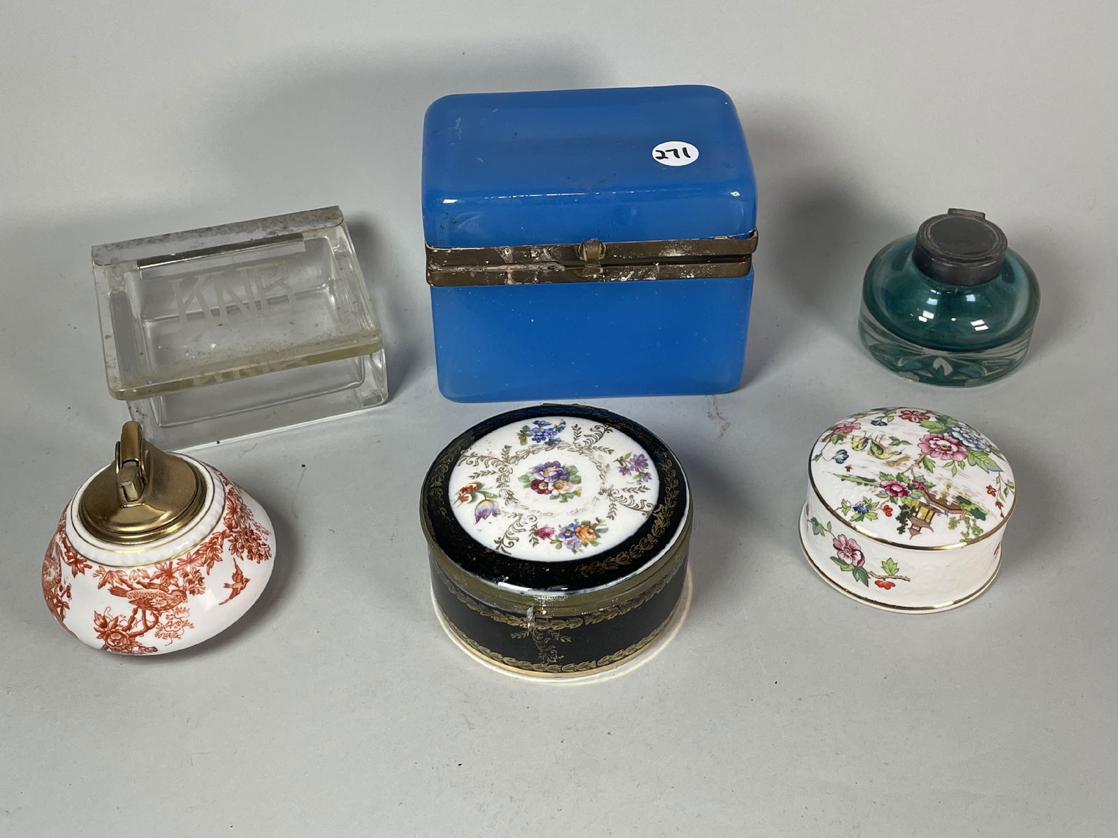 BLUE OPALINE DRESSER BOX, SHIPS INKWELL, PORCELAIN DRESSER BOXES, ETC. 5.5" X 4.5" X 4" AND SMALLER (1 of 8)