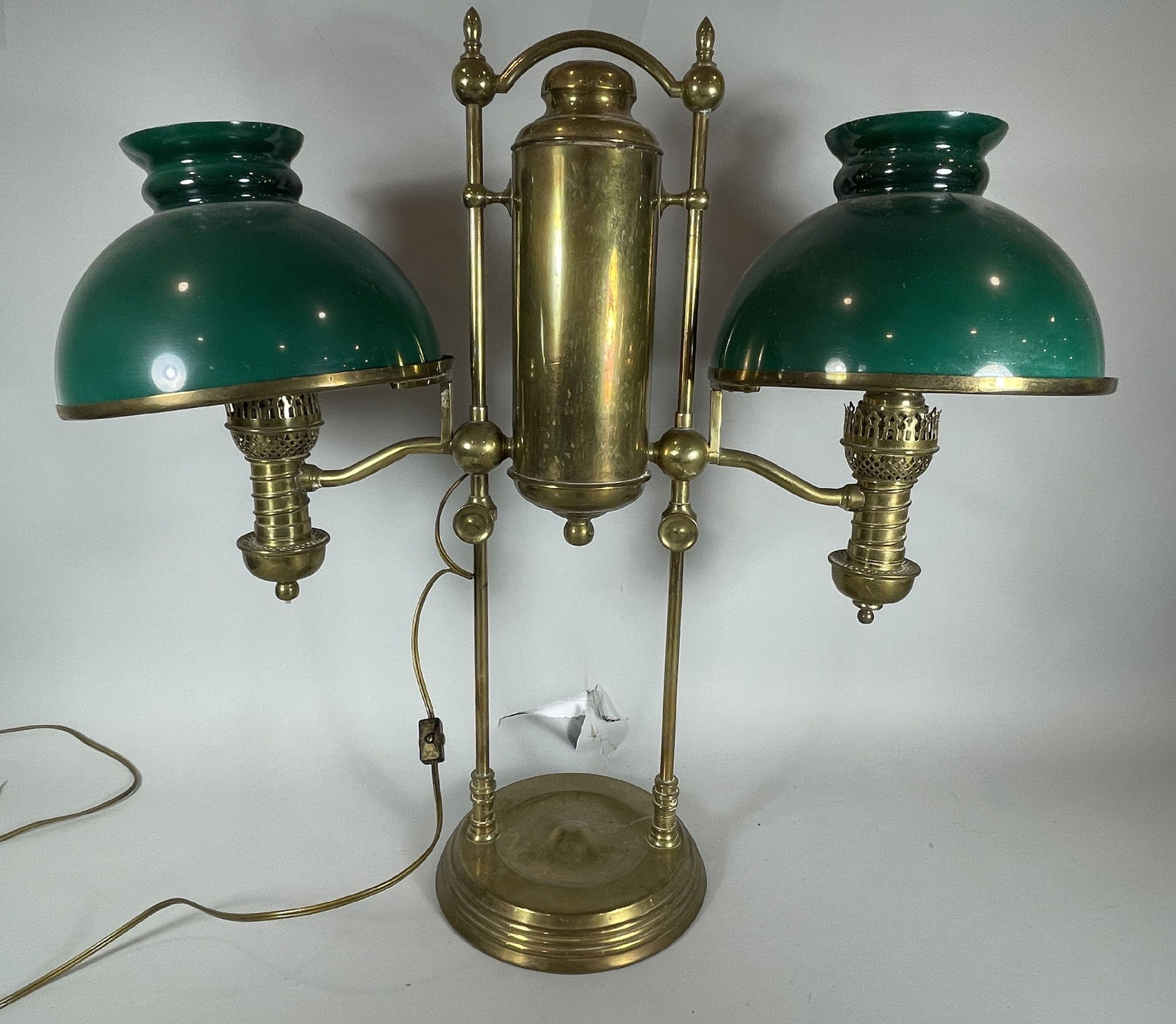 LARGE DOUBLE STUDENT LAMP WITH CASED GREEN SHADES, 26" X 12" X 26" (1 of 10)