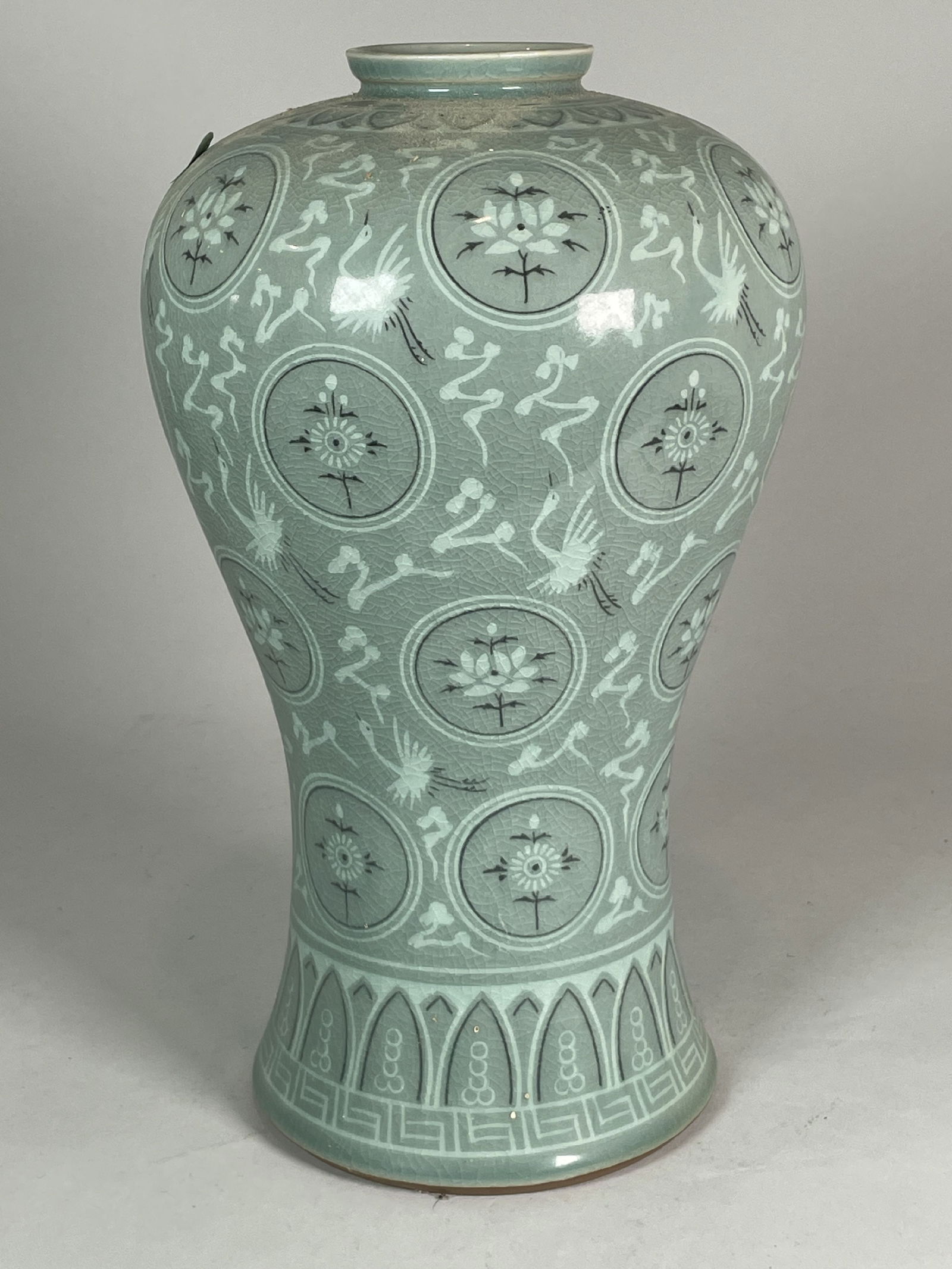 A DECORATED CELADON VASE WITH CRANES, 13" T. CRACKELURE: A DECORATED CELADON VASE WITH CRANES, 13" T. CRACKELURE