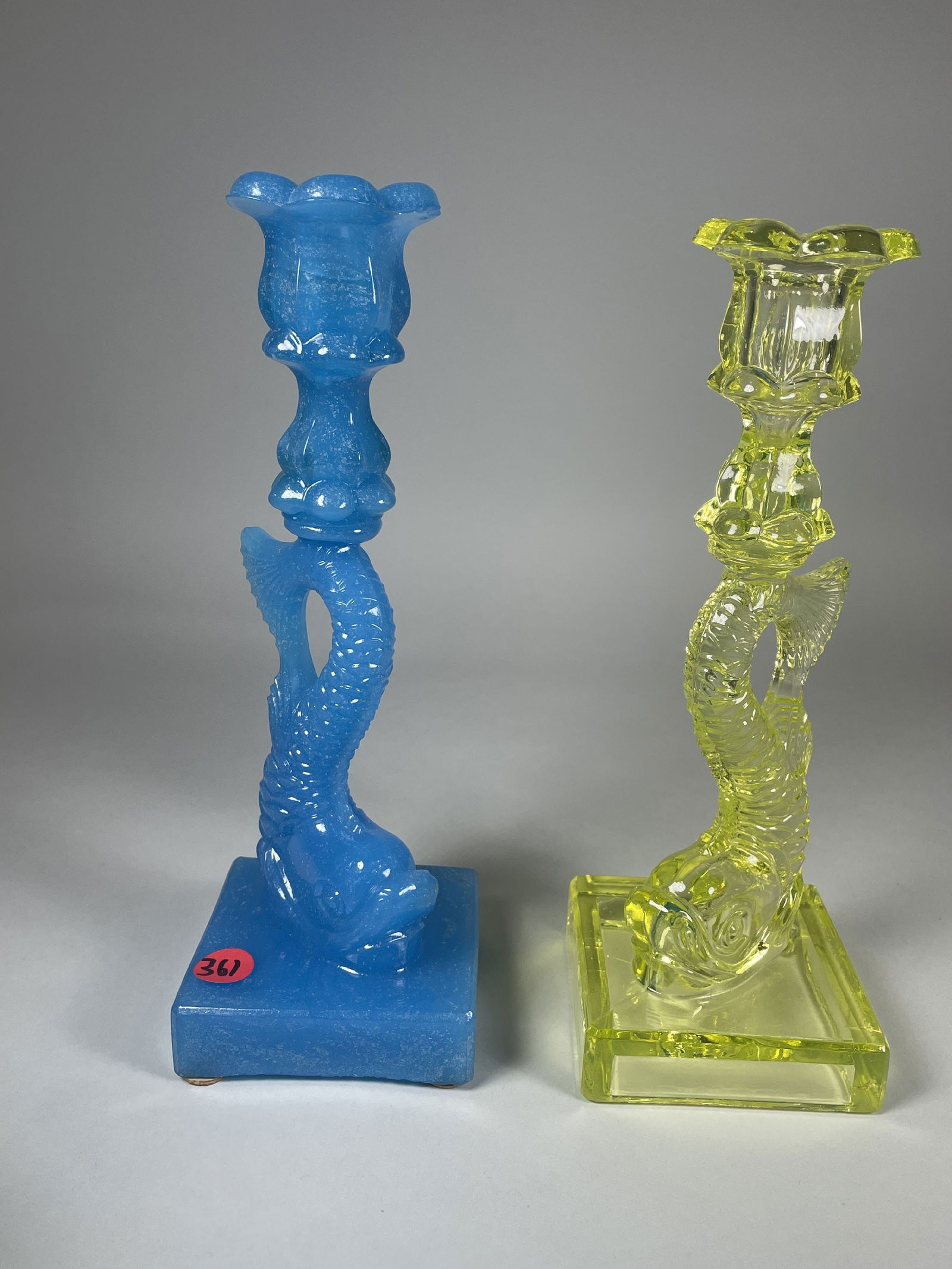 2 BOSTON AND SANDWICH GLASS DOLPHIN CANDLESTICKS, 11" AND 10.5" (1 of 7)