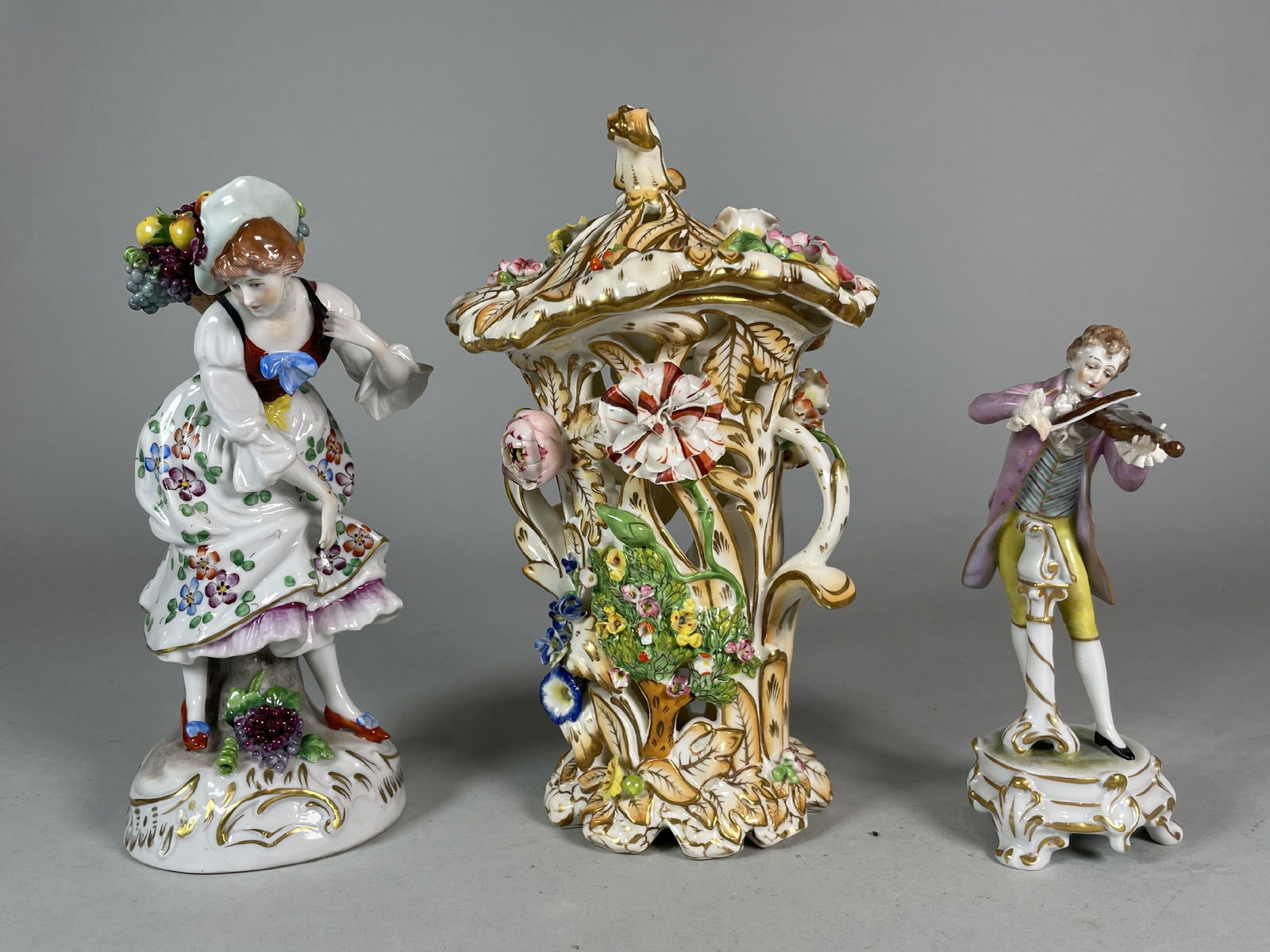 DRESDEN FIGURINE, SITZENDORF FIGURINE, AND A PORCELAIN POTPOURRI, 8" AND SMALLER (1 of 9)