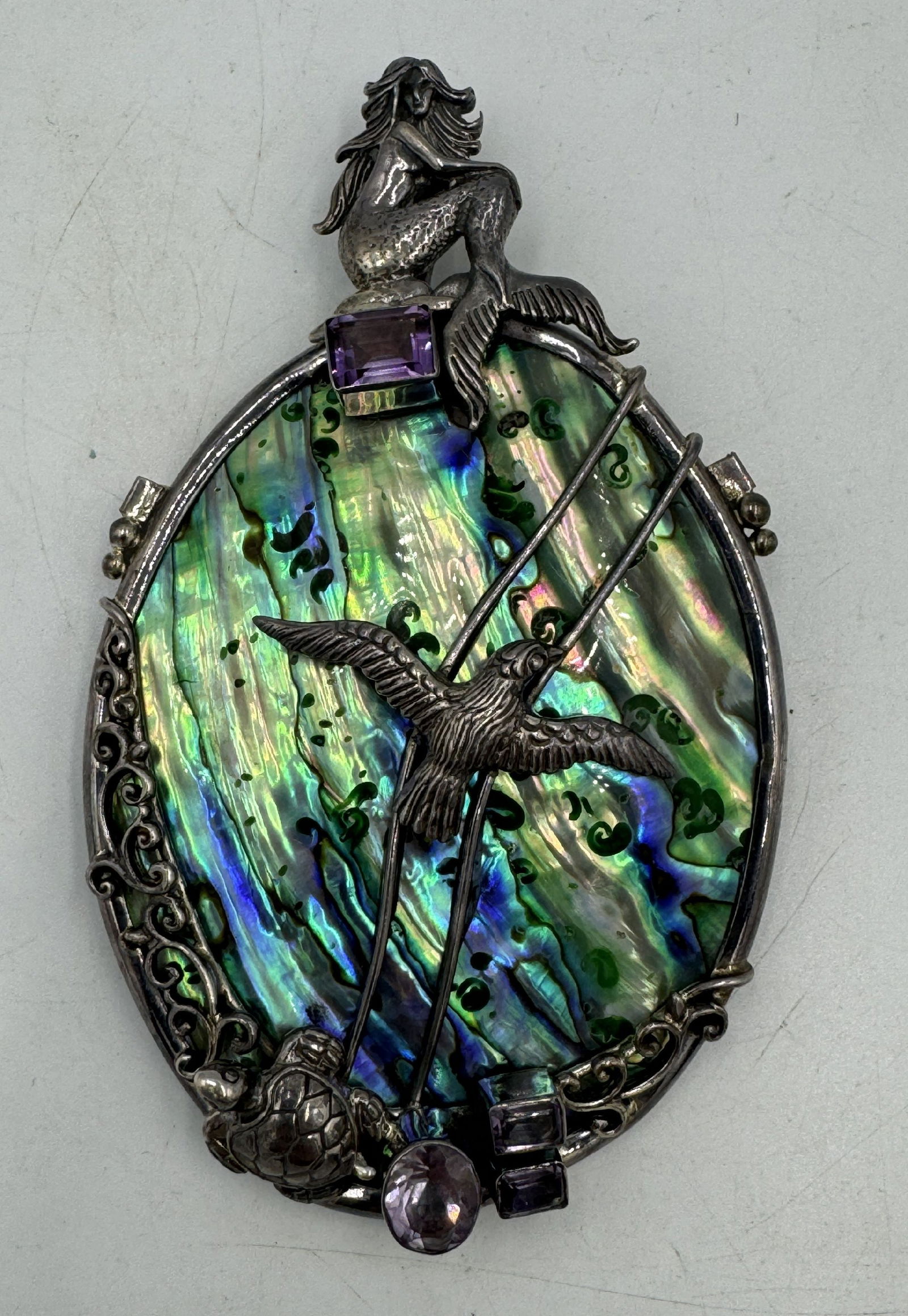 A STERLING SILVER, AMETHYST, AND ABALONE MERMAID PIN, 33.7 GRAMS AND 4" X 2.5" (1 of 7)