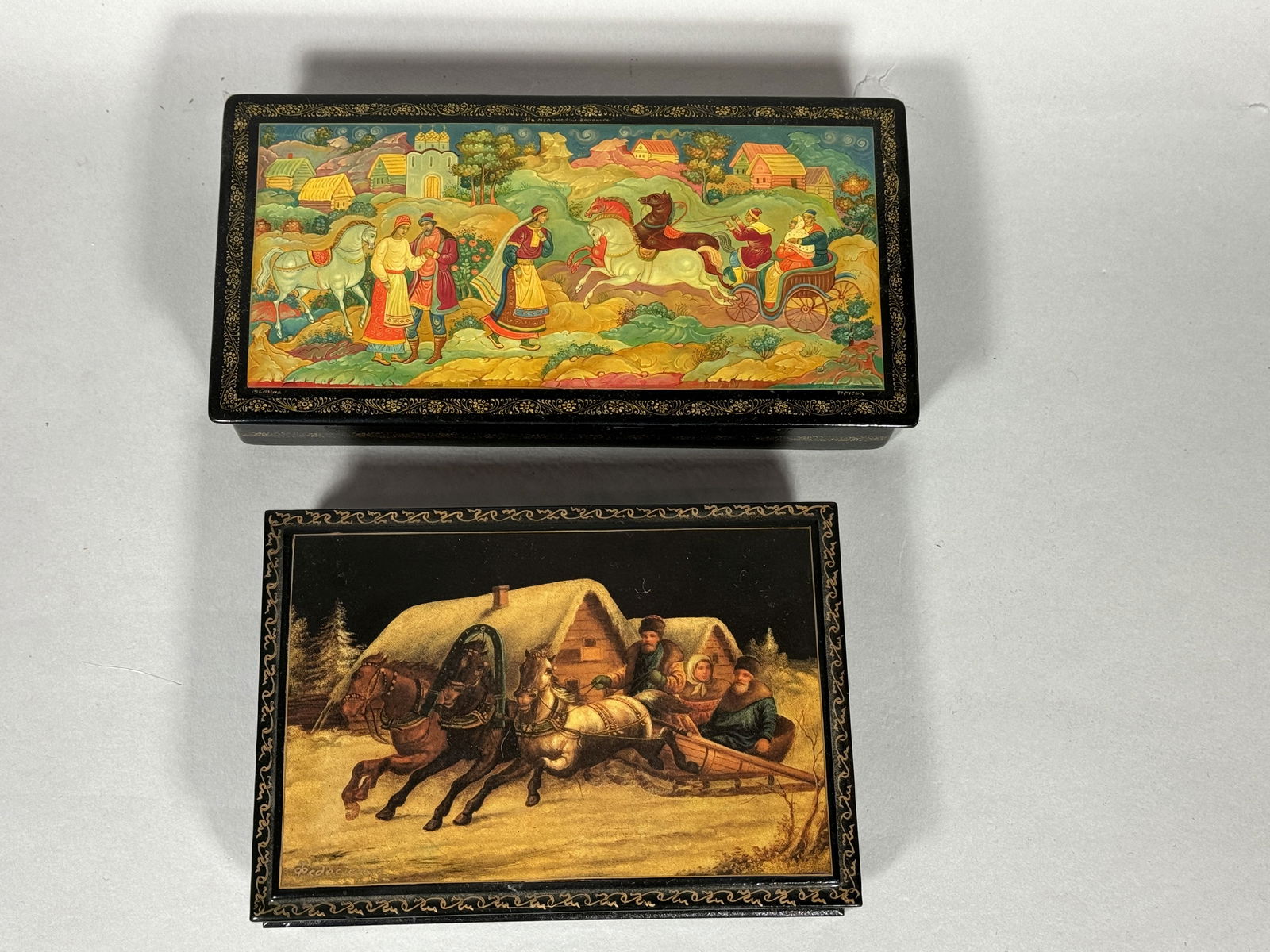 TWO RUSSIAN LACQUER BOXES BOTH ARE SIGNED, 8" X 4" X 2" AND 6.5" X 4.5" X 1.5" (1 of 3)