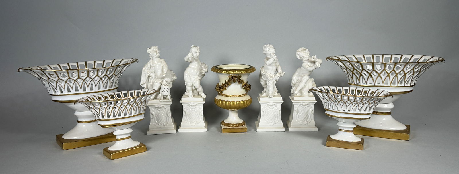 GERMAN PORCELAIN FIGURINES AND FRENCH PORCELAIN BASKETS, 8" X 6" AND SMALLER (1 of 7)