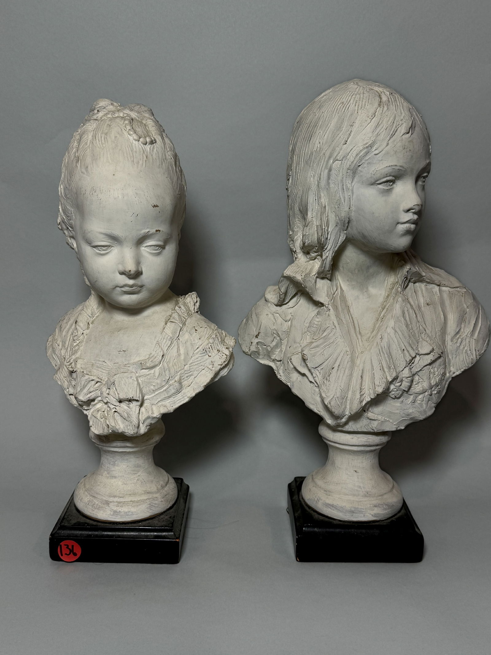 A PAIR OF BORGHESE PAINTED PLASTER BUSTS OF VICTORIAN GIRLS (1 of 7)