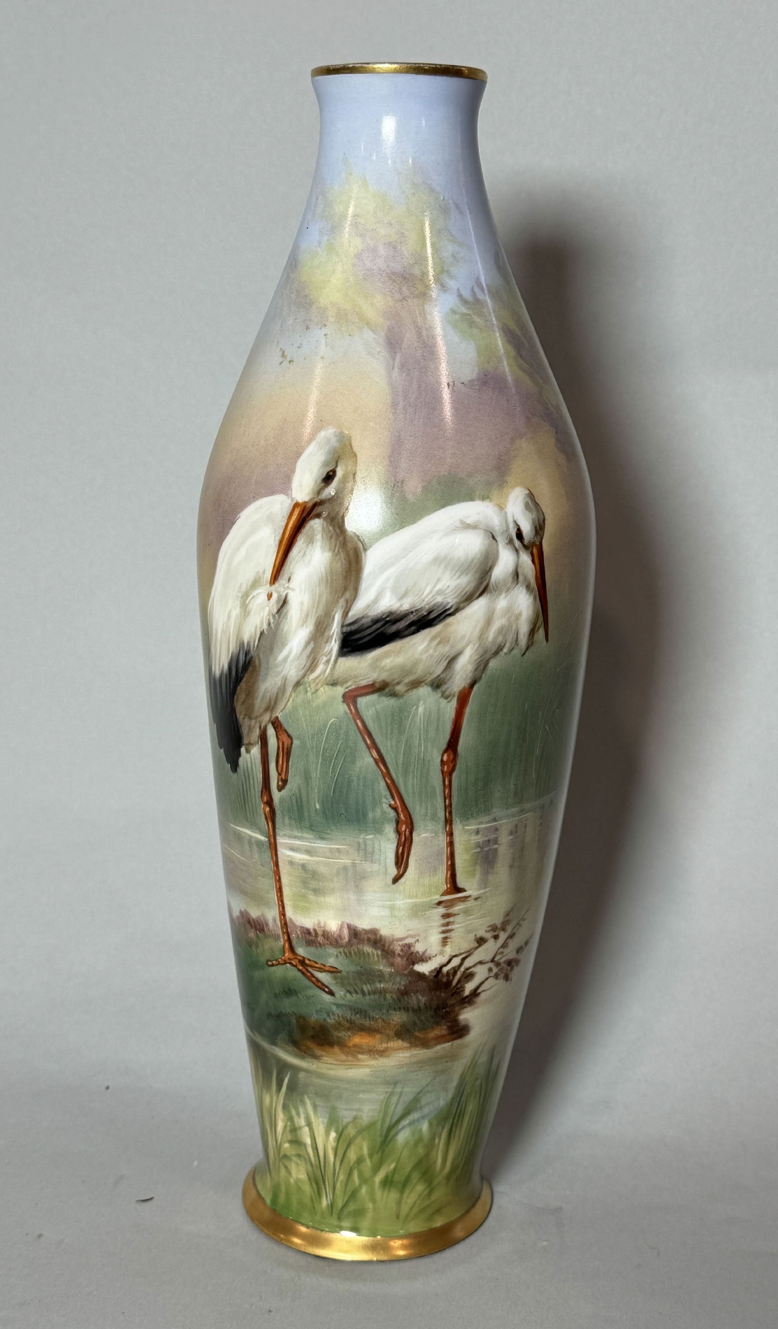 ARTIST SIGNED HAND PAINTED LIMOGE VASE W/ CRANES, 4" DIAMETER X 12" TALL (1 of 7)