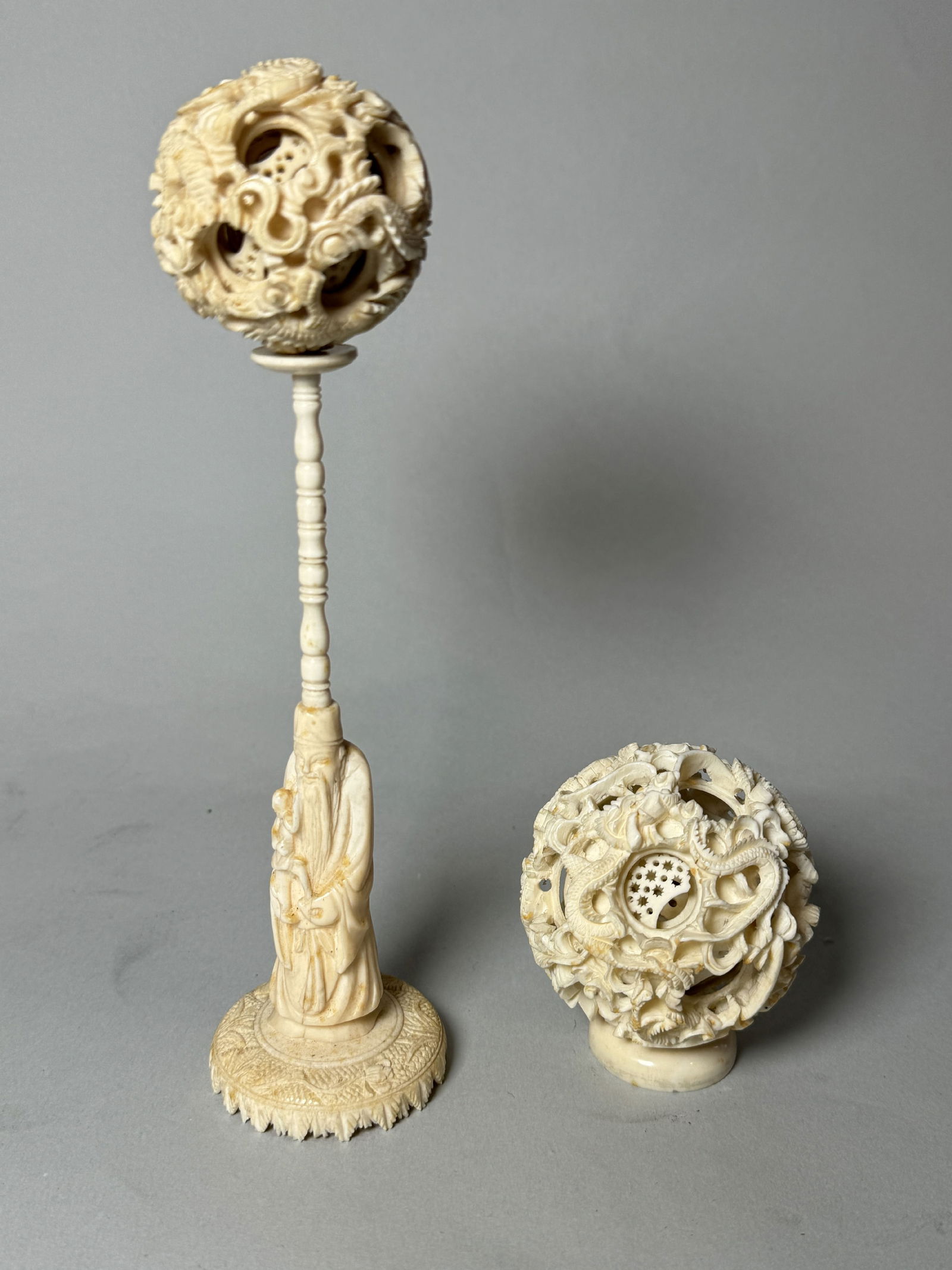 TWO CARVED CHINESE PUZZLE BALLS, ONE WITH STAND, 2.5" DIAMETER X 8" TALL (1 of 8)