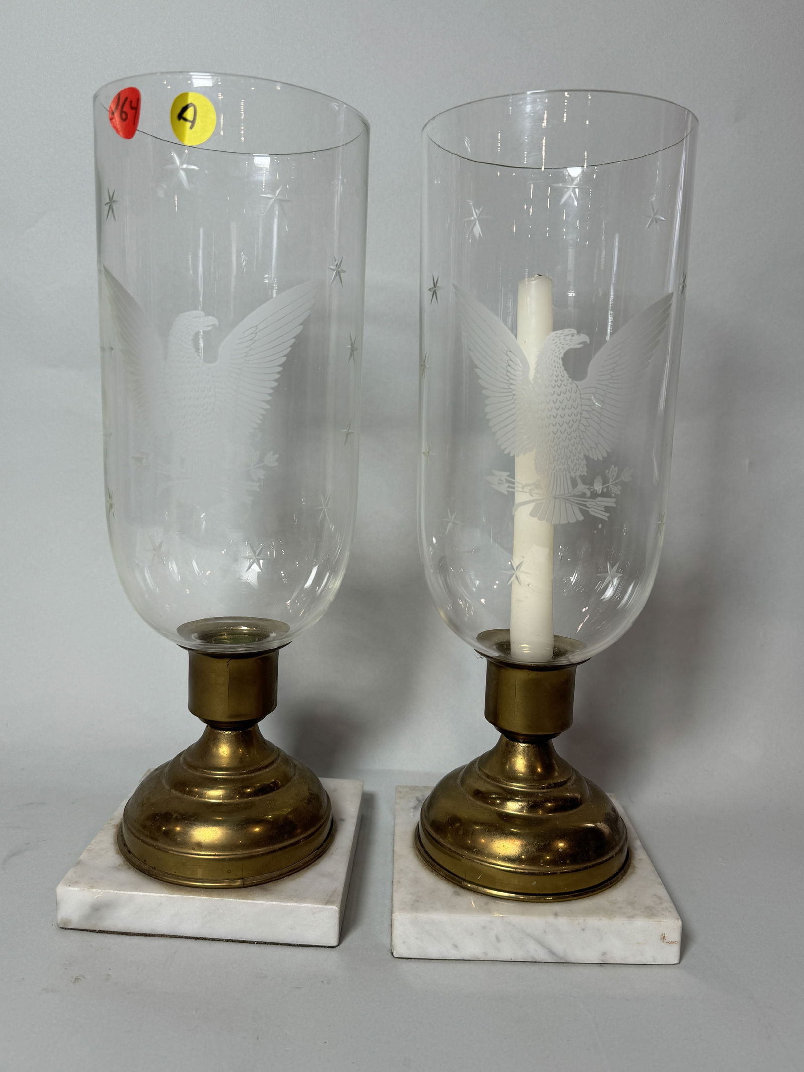 A PAIR OF MARBLE AND BRASS CANDLE SCONCES WITH EAGLE HURRICANES, 5" X 5" X 14" (1 of 5)