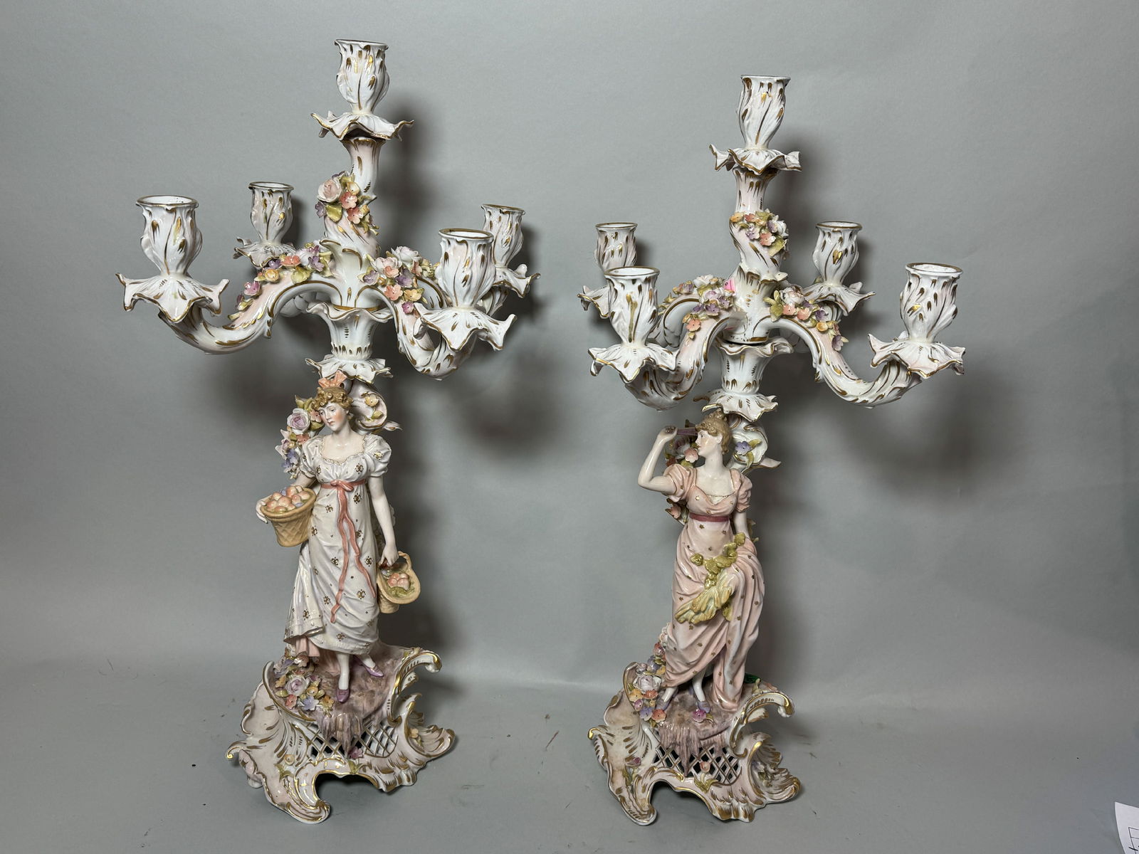 A PAIR OF GERMAN PORCELAIN FIGURAL CANDELABRA, 11" DIAMETER X 22.5" TALL (1 of 9)