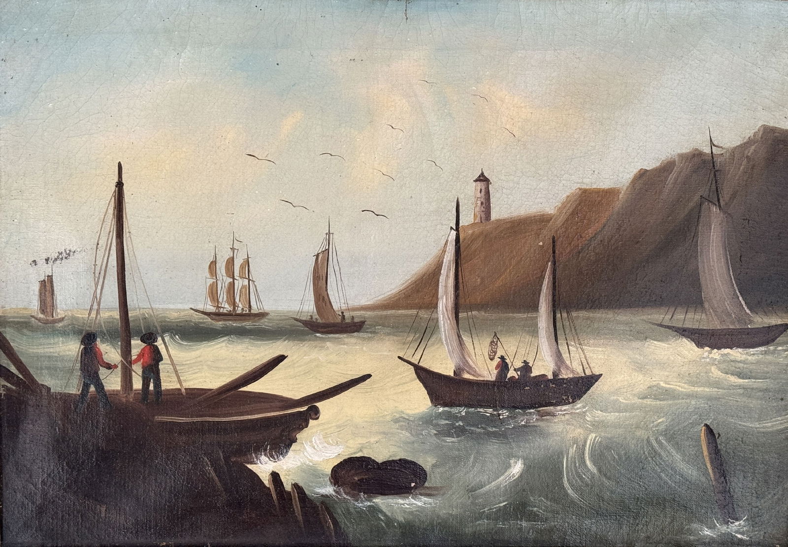 EARLY 19TH CENTURY CONTINENTAL OIL PAINTING OF FISHING BOATS, 26.5" X 20.5"FRAMED AND 19.25" X (1 of 7)