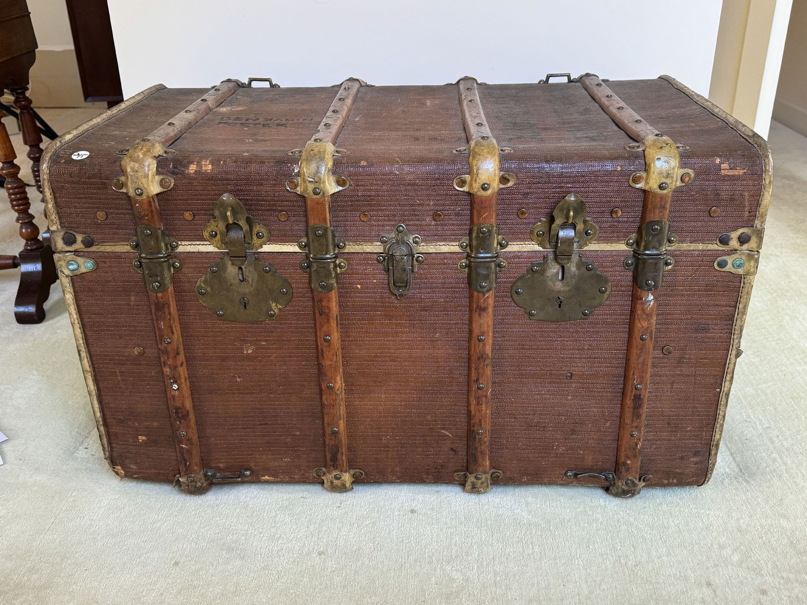 A BRASS BOUND ANTIQUE FRENCH RATTAN TRUNK 45" x 23"x23" (1 of 10)