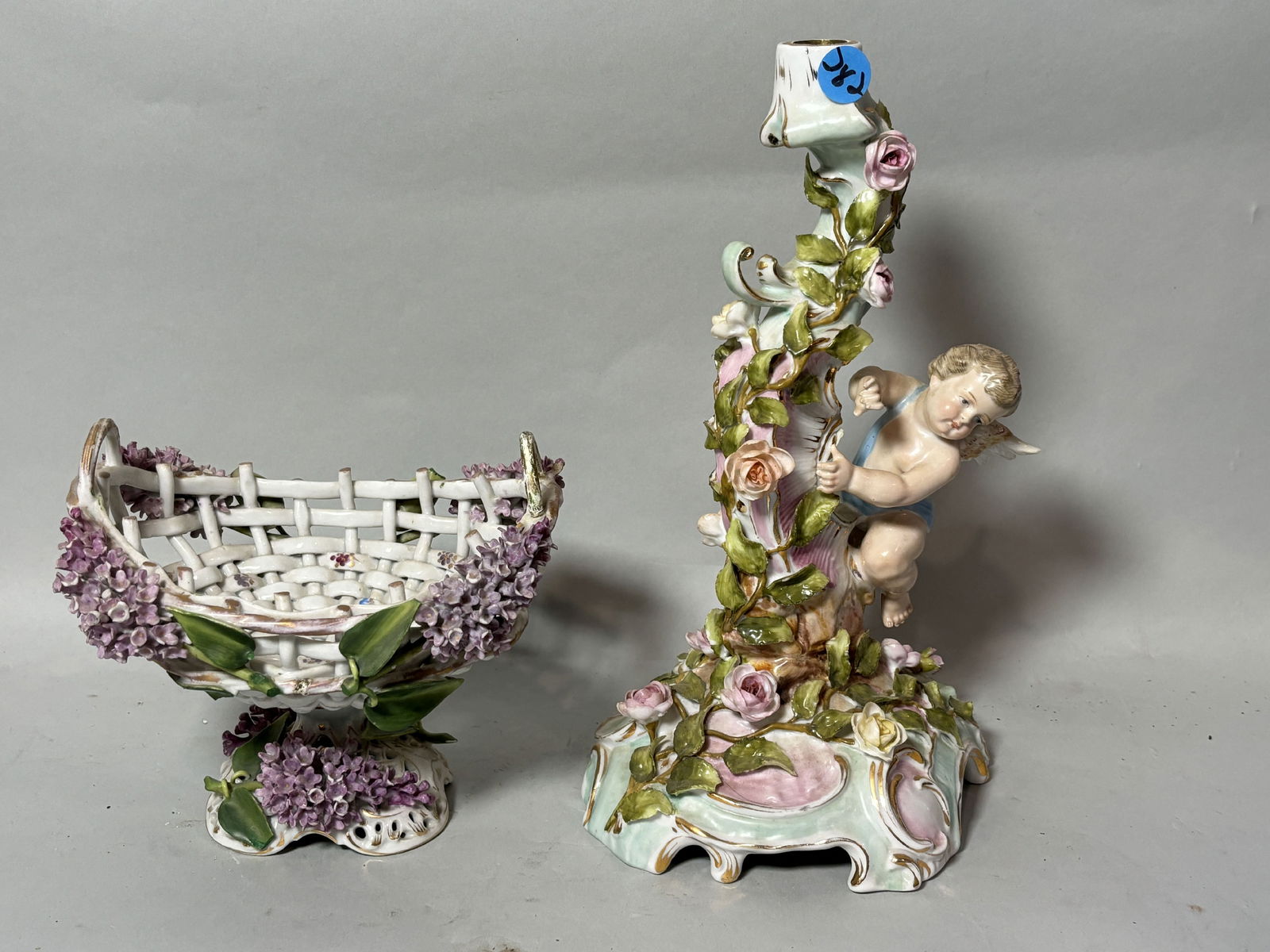MEISSEN FIGURAL CANDLESTICK AND FLORAL PORCELAIN BASKET, 7" X 7" X 12" AND 7" X 6" X 6.5" (1 of 8)