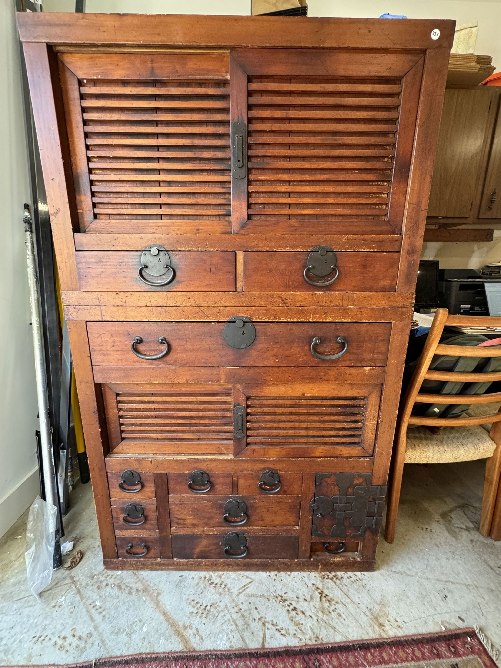 LARGE TWO PIECE JAPANESE ANTIQUE CABINET W/ CAST IRON, 38.5" X 18" X 63.5" (1 of 8)