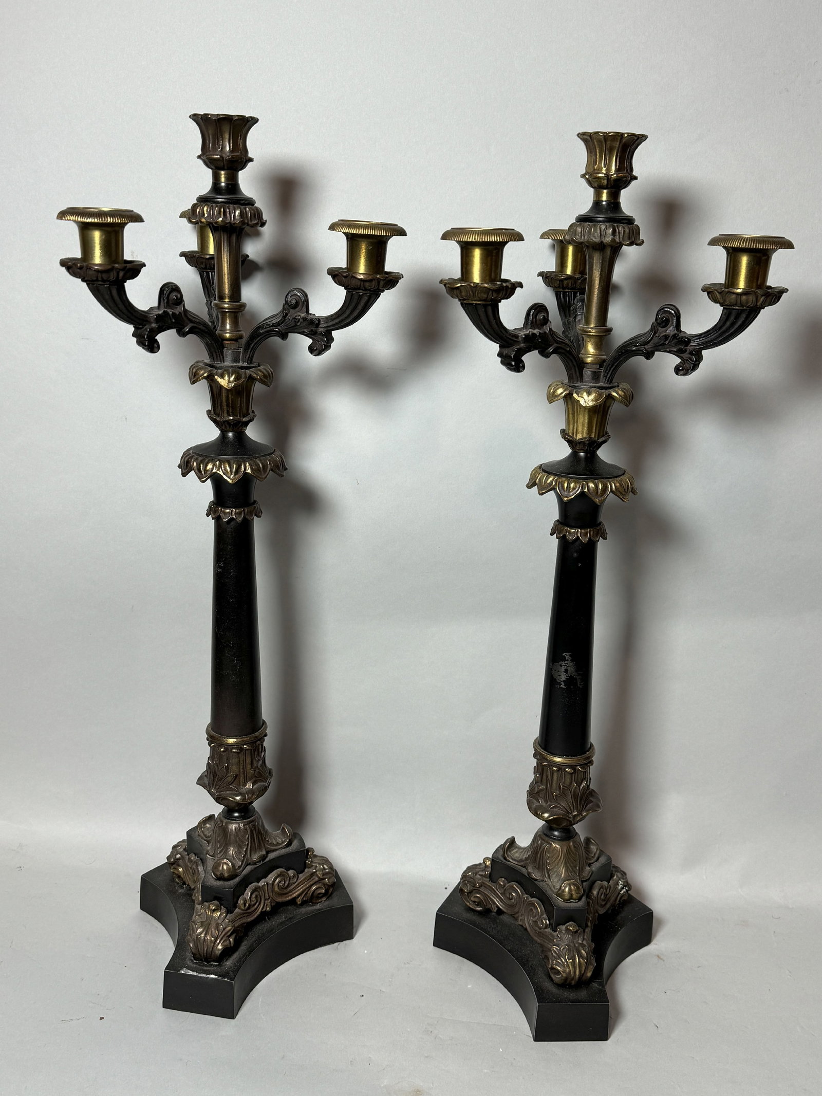 A PAIR OF COLD PAINTED FRENCH BRONZE CANDLEABRA, 8" X 8" X 22.5": A PAIR OF COLD PAINTED FRENCH BRONZE CANDLEABRA, 8" X 8" X 22.5"
