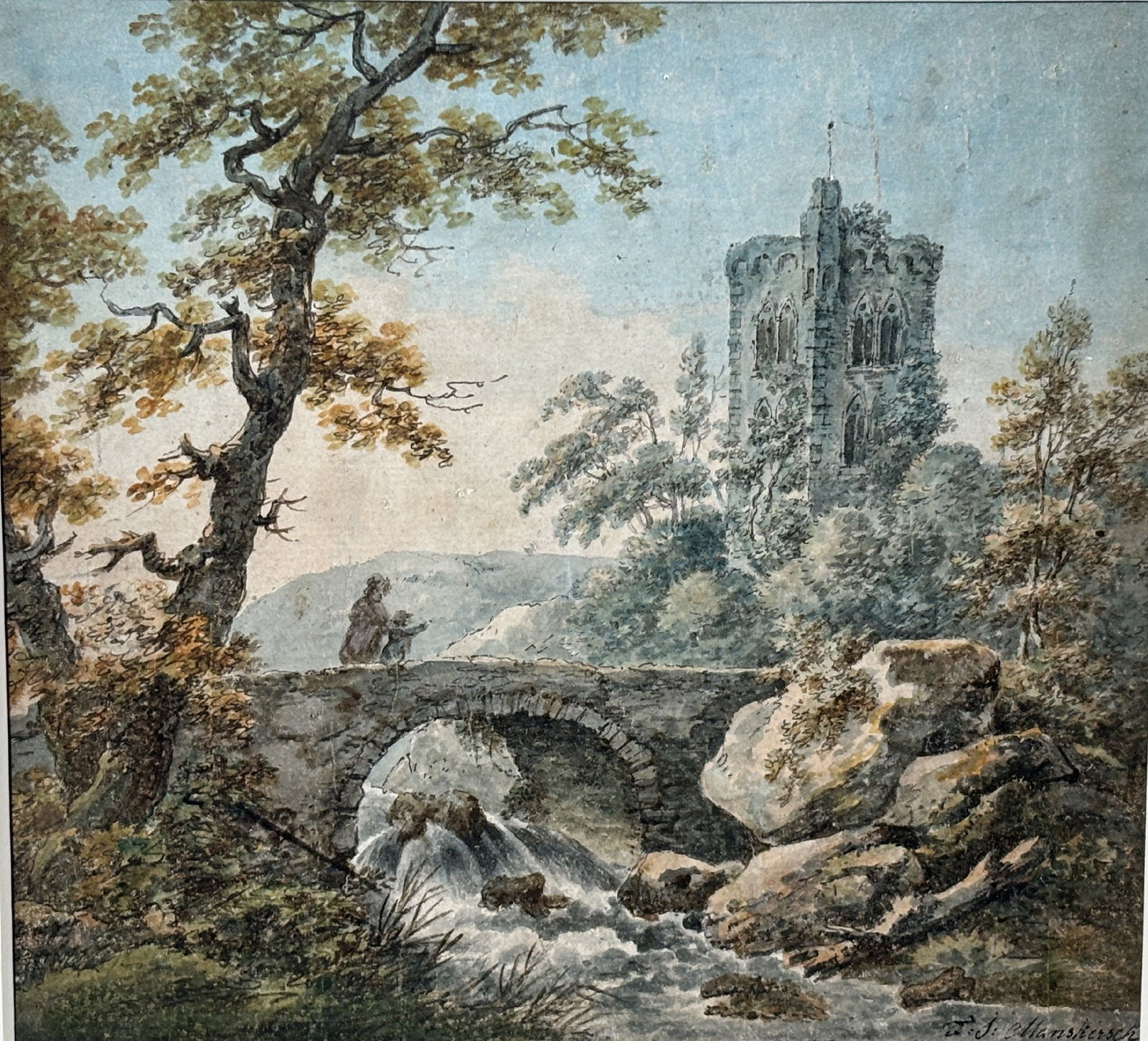 FRANZ JOSEPH MANSKIRCH (1770 - 1830) WATERCOLOR "BRIDGE NEAR..." 15.25" X 15" FRAMED AND 8" X 7.5": FRANZ JOSEPH MAUSKEICH (1770 - 1830) WATERCOLOR "BRIDGE NEAR..." 15.25" X 15" FRAMED AND 8" X 7.5" SIGHT