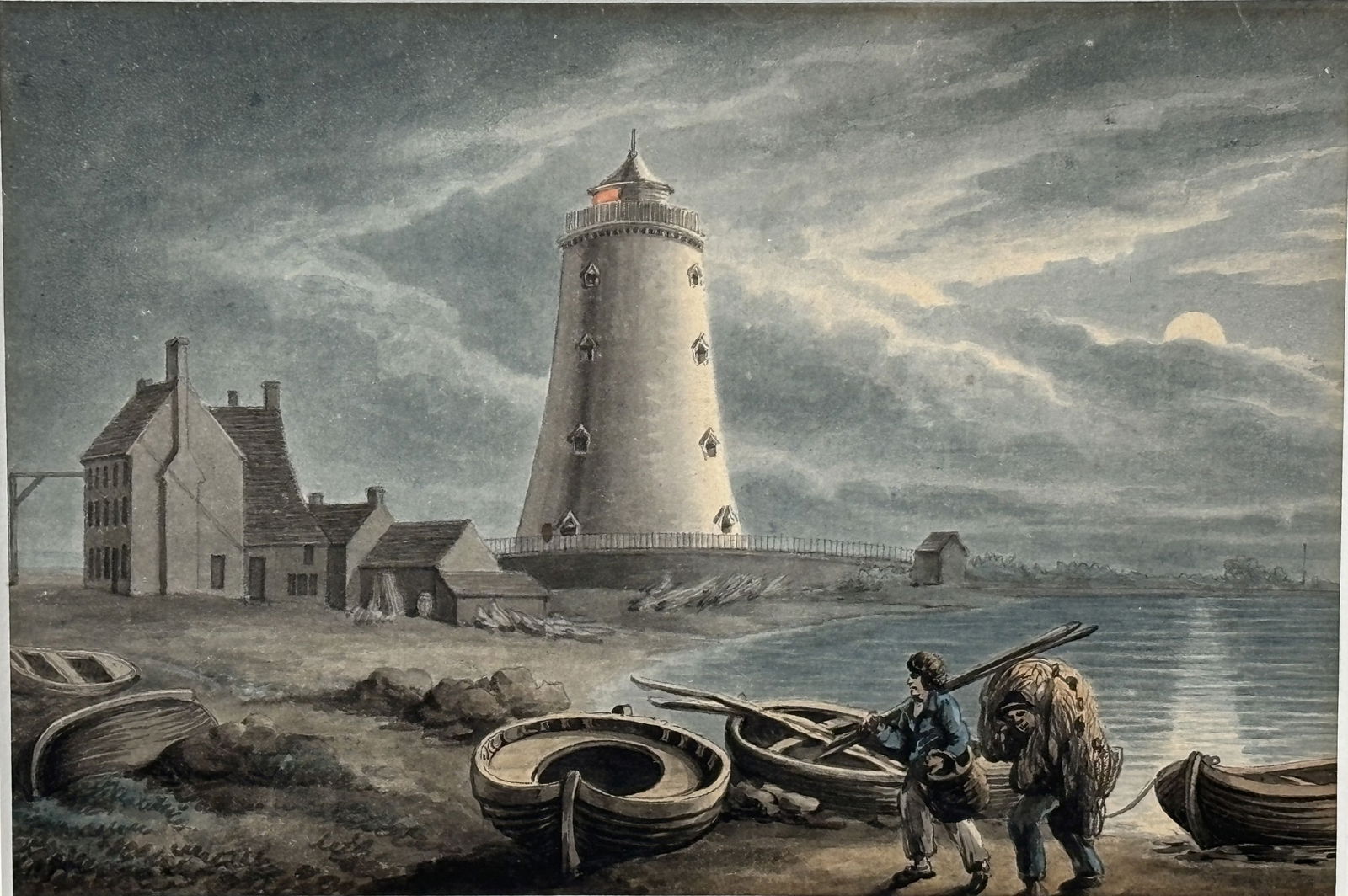 WILLIAM PAYNE (1760 - 1830) WATERCOLOR ON PAPER "LIGHTHOUSE" 16.75" X 14.5" FRAMED AND 7.75" X 5.25": WILLIAM PAYNE (1760 - 1830) WATERCOLOR ON PAPER "LIGHTHOUSE" 16.75" X 14.5" FRAMED AND 7.75" X 5.25" SIGHT