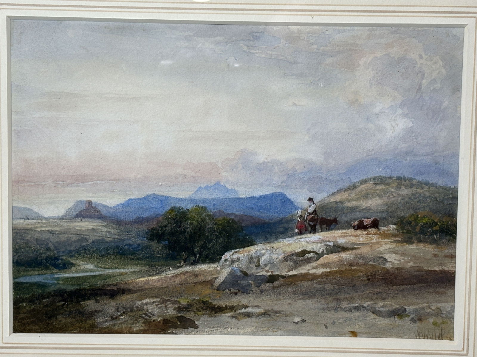 WILLIAM WYLD (1806 - 1889) "CATTLE HERDS IN A LANDSCAPE" WATERCOLOR ON PAPER. 16" X 13.5" (1 of 4)