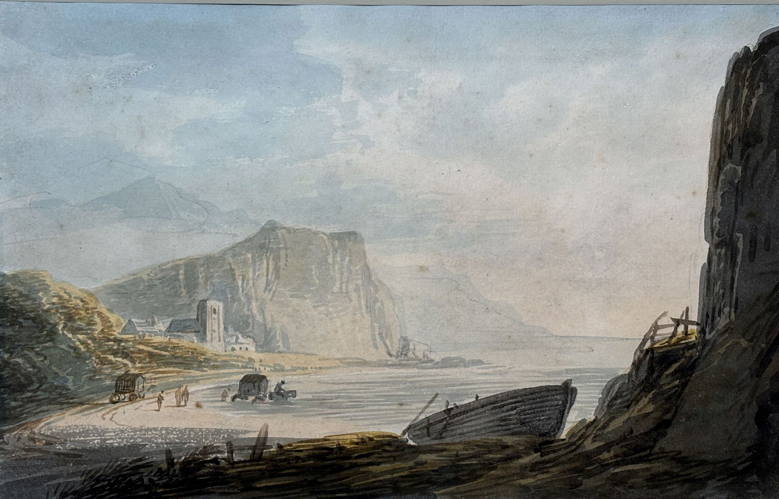 WILLIAM PAYNE (1760 - 1830) WATERCOLOR ON PAPER "BATHING HOUSES" 16.5" X 13.5" FRAMED AND 9.75" X: WILLIAM PAYNE (1760 - 1830) WATERCOLOR ON PAPER "BATHING HOUSES" 16.5" X 13.5" FRAMED AND 9.75" X 6.25" SIGHT