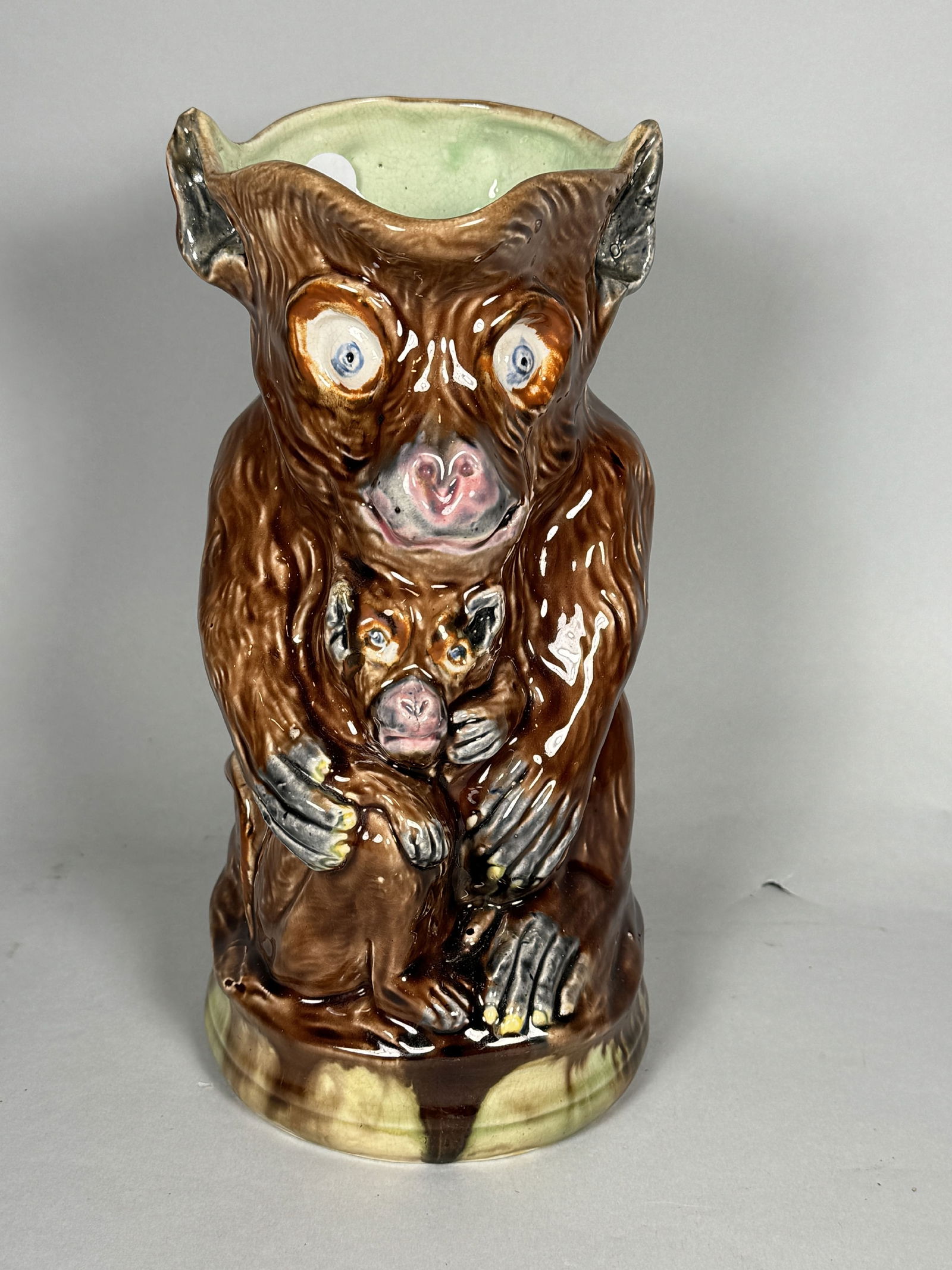 LARGE ANTIQUE MAJOLICA PITCHER MONKEYS, 10" TALL (1 of 5)