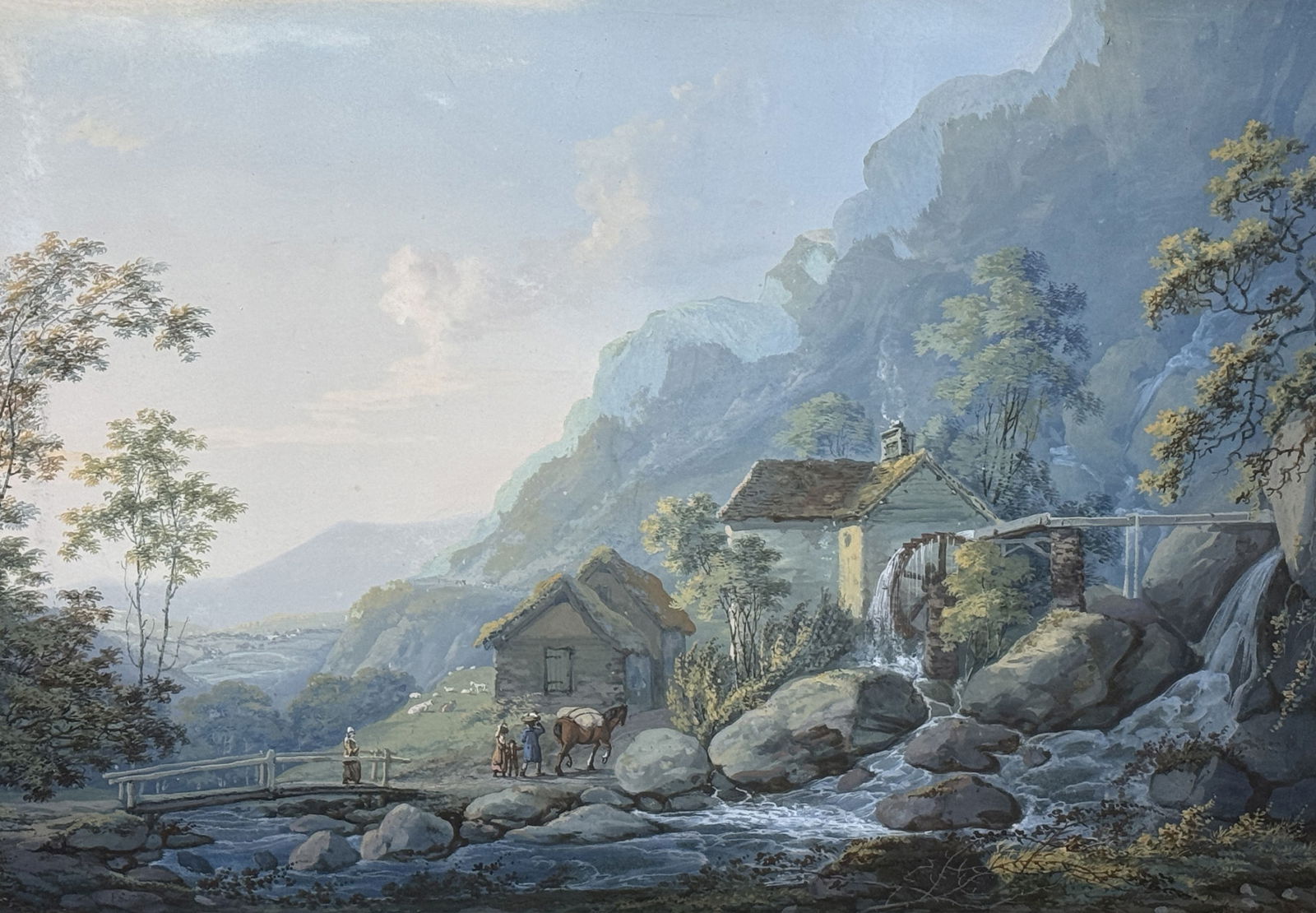 EUROPEAN WATERCOLOR LANDSCAPE,  21" X 15" SIGHT. INITIALED P.S. AND DATED 1776. (1 of 14)