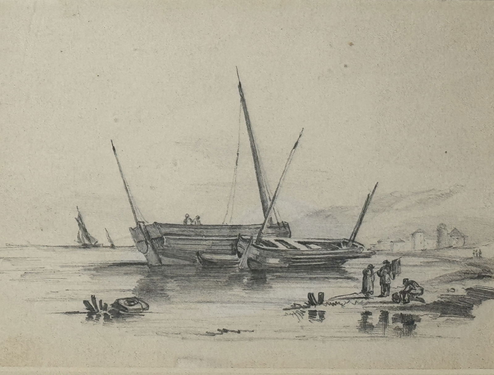 EDWARD SEAGER (AMERICAN, 1809 - 1886) PENIL ON PAPER "BOATS AT LOW TIDE", 12" X 13.5" FRAMED AND (1 of 5)