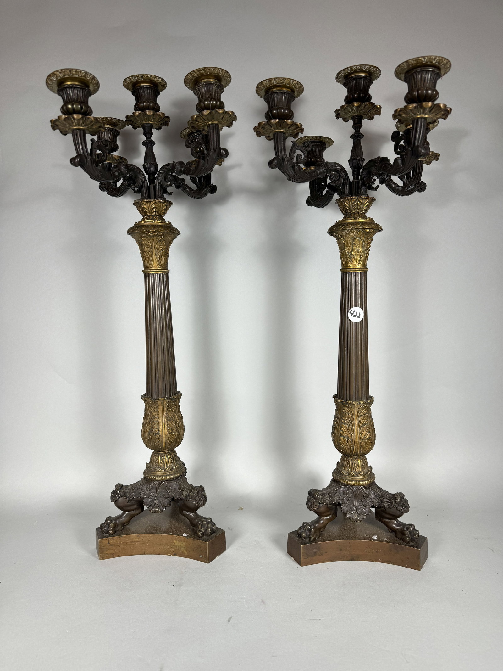 PAIR OF FRENCH BRONZE CANDELABRA WITH GRYFFIN FEET, 11" X 26": PAIR OF FRENCH BRONZE CANDELABRA WITH GRYFFIN FEET, 11" X 26"