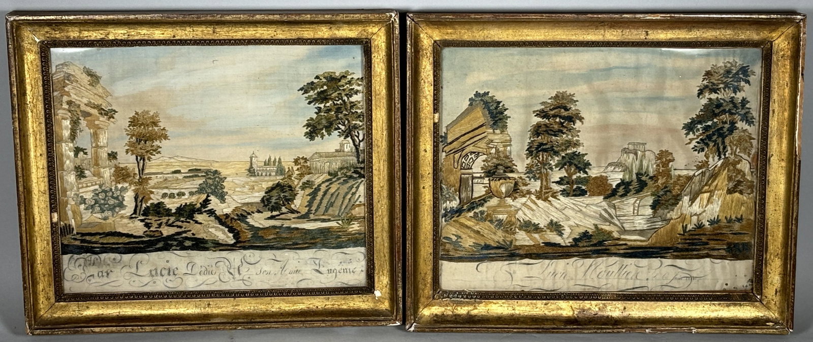 A PAIR OF 18TH CENTURY EMBROIDERY LANDSCAPES, 12.5" X 11" EACH: A PAIR OF 18TH CENTURY EMBROIDERY LANDSCAPES, 12.5" X 11" EACH