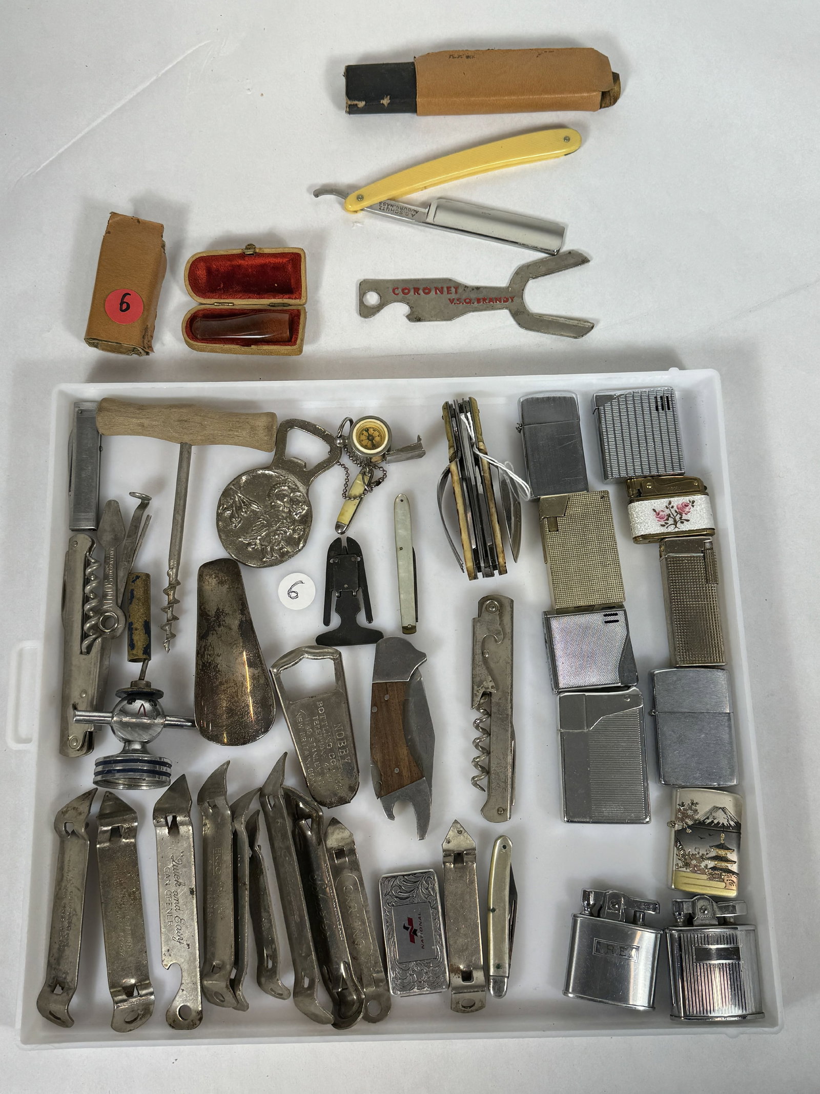 LOT OF VINTAGE LIGHTERS, POCKET KNIVES, AND BRANDED BOTTLE OPENERS: LOT OF VINTAGE LIGHTERS, POCKET KNIVES, AND BRANDED BOTTLE OPENERS