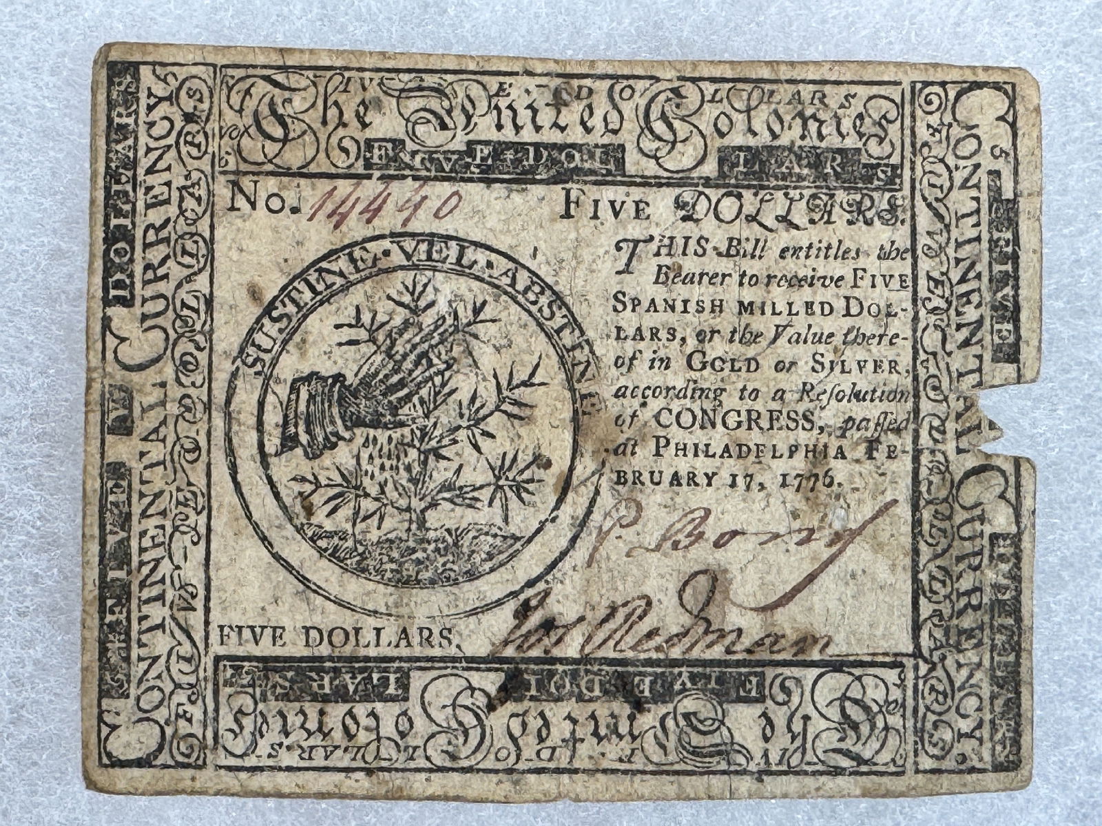A FIVE DOLLAR CONTINENTAL CURRENCY PHILADELPHIA 1776 NOTE (1 of 3)