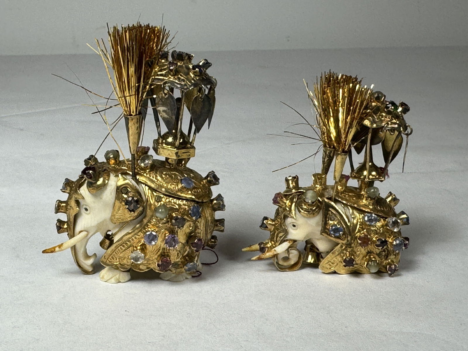 TWO CARVED ELEPHANTS W/ GOLD WASH AND GEMSTONES, 2.5" EACH (1 of 5)