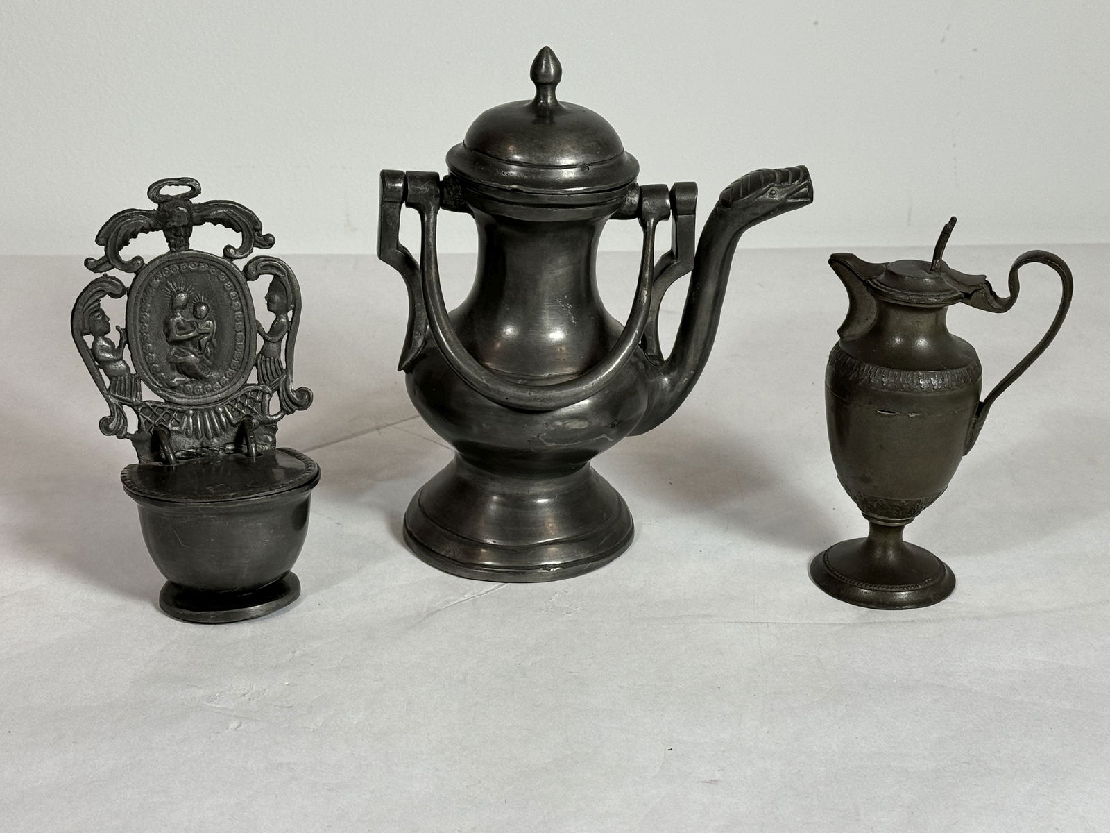 AN EARLY EUROPEAN HOLY WATER FONT AND TWO OTHER PIECES PEWTER, 6" AND SMALLER (1 of 10)