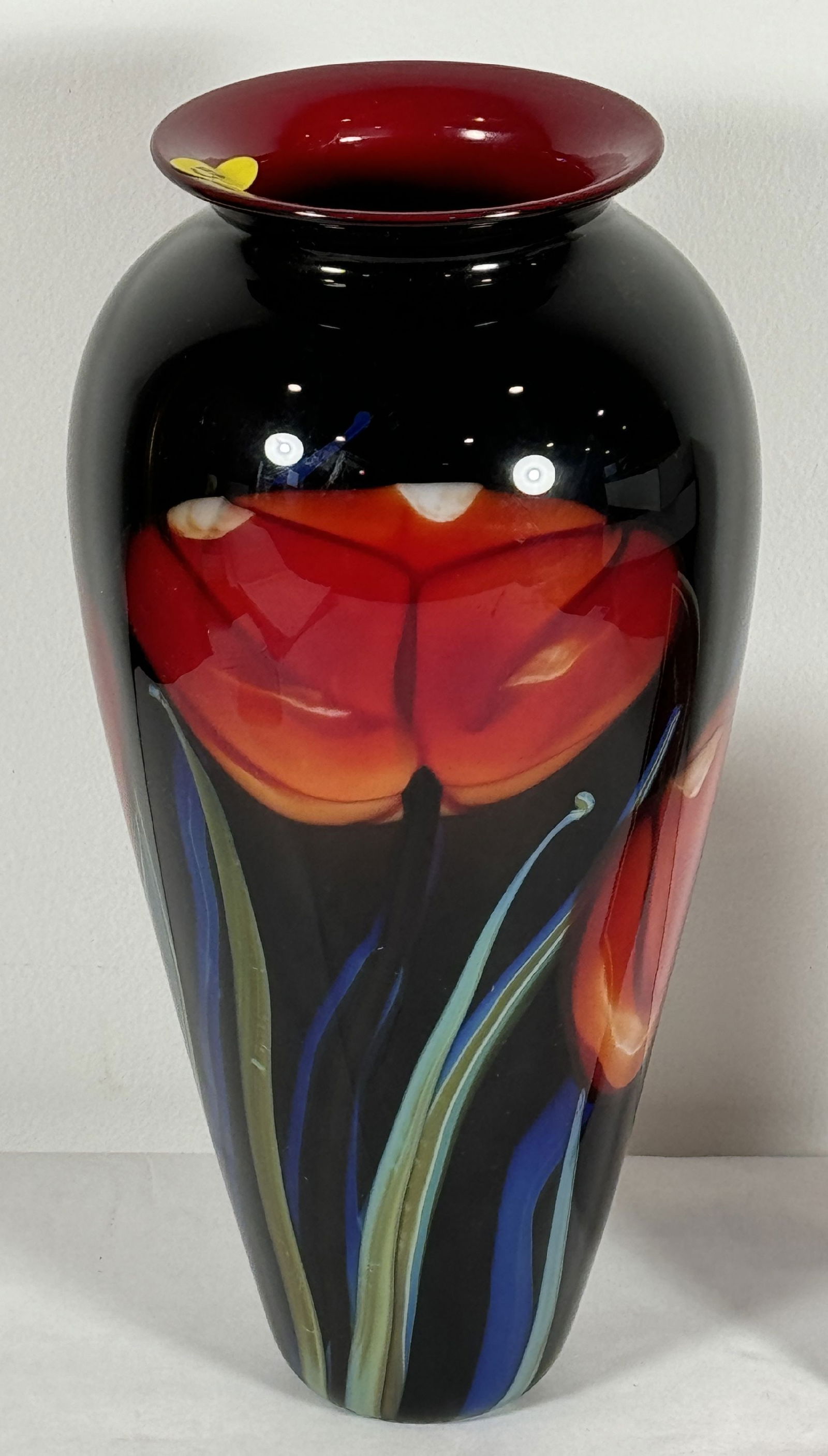 A LARGE RICHARD SATAVA ART GLASS VASE, SIGNED WITH CARD. 5.5" DIAMETER X 12" TALL (1 of 9)