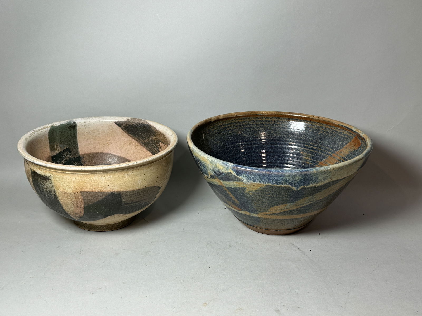TWO MIDCENTURY MODERN STUDIO POTTERY BOWLS, ONE MARKED MICHAEL COHEN. 11" DIAMETER X 6" TALL AND (1 of 8)