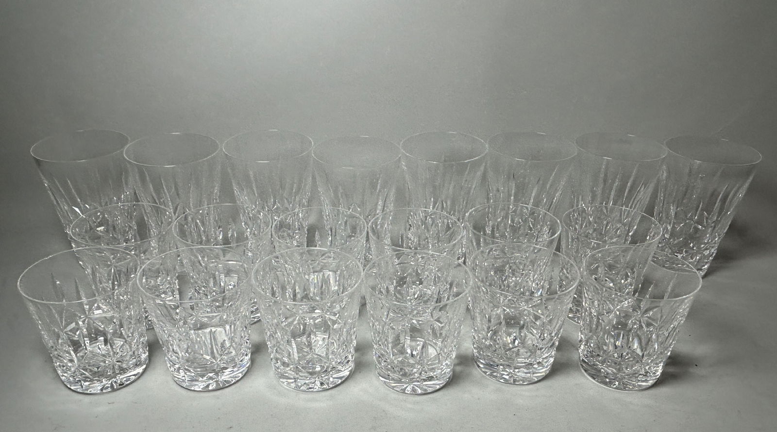 TWELVE WATERFORD CRYSTAL ROCKS GLASSES AND EIGHT HIGHBALLS, 3.5" AND 5" TALL RESPECTIVELY. FOUR (1 of 6)