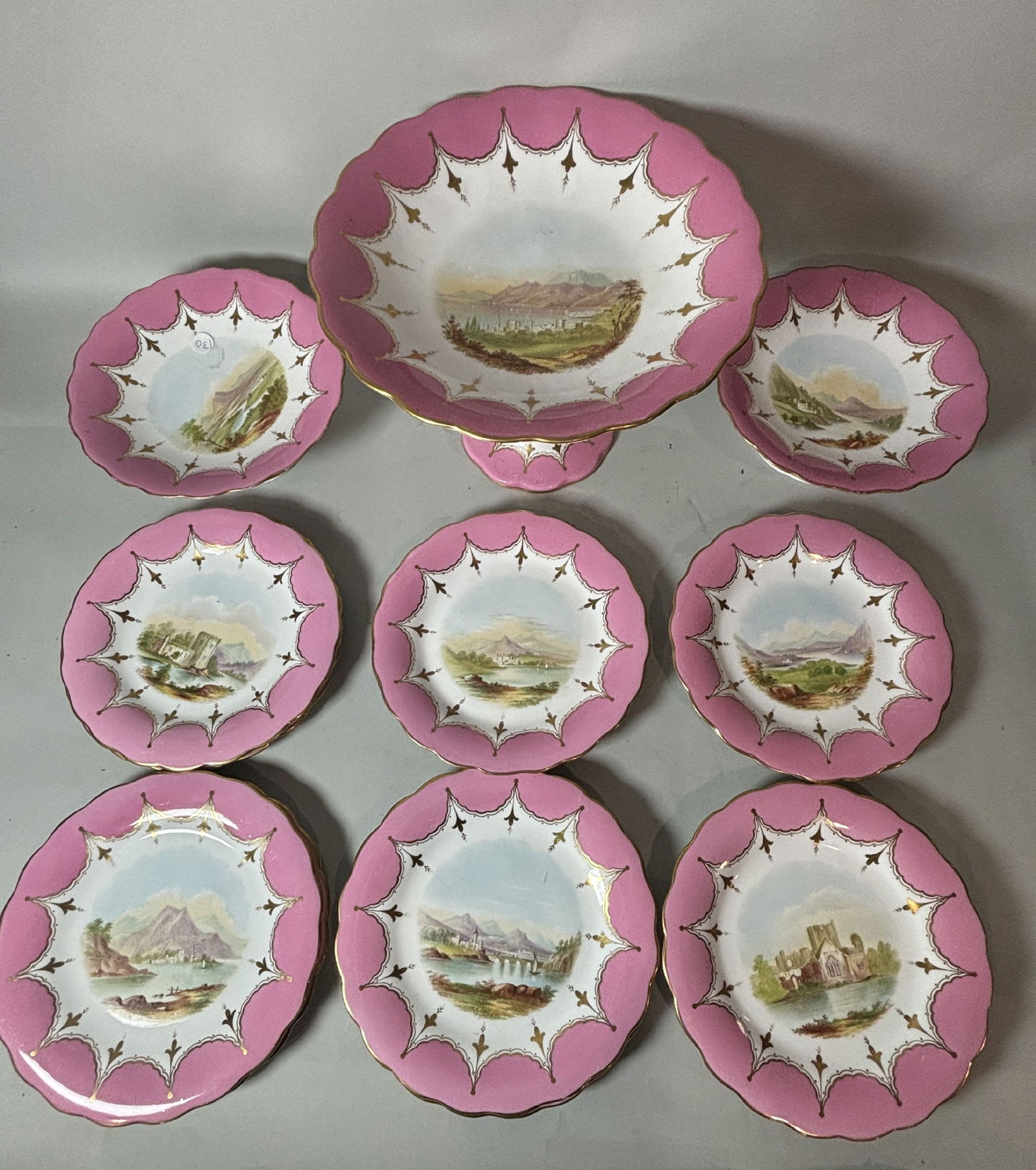 TWELVE SCENIC LIMOGES PLATES AND THREE MATCHING FOOTED TAZAS, 8.5" DIAMETER PLATES, ONE TAZA IS (1 of 11)