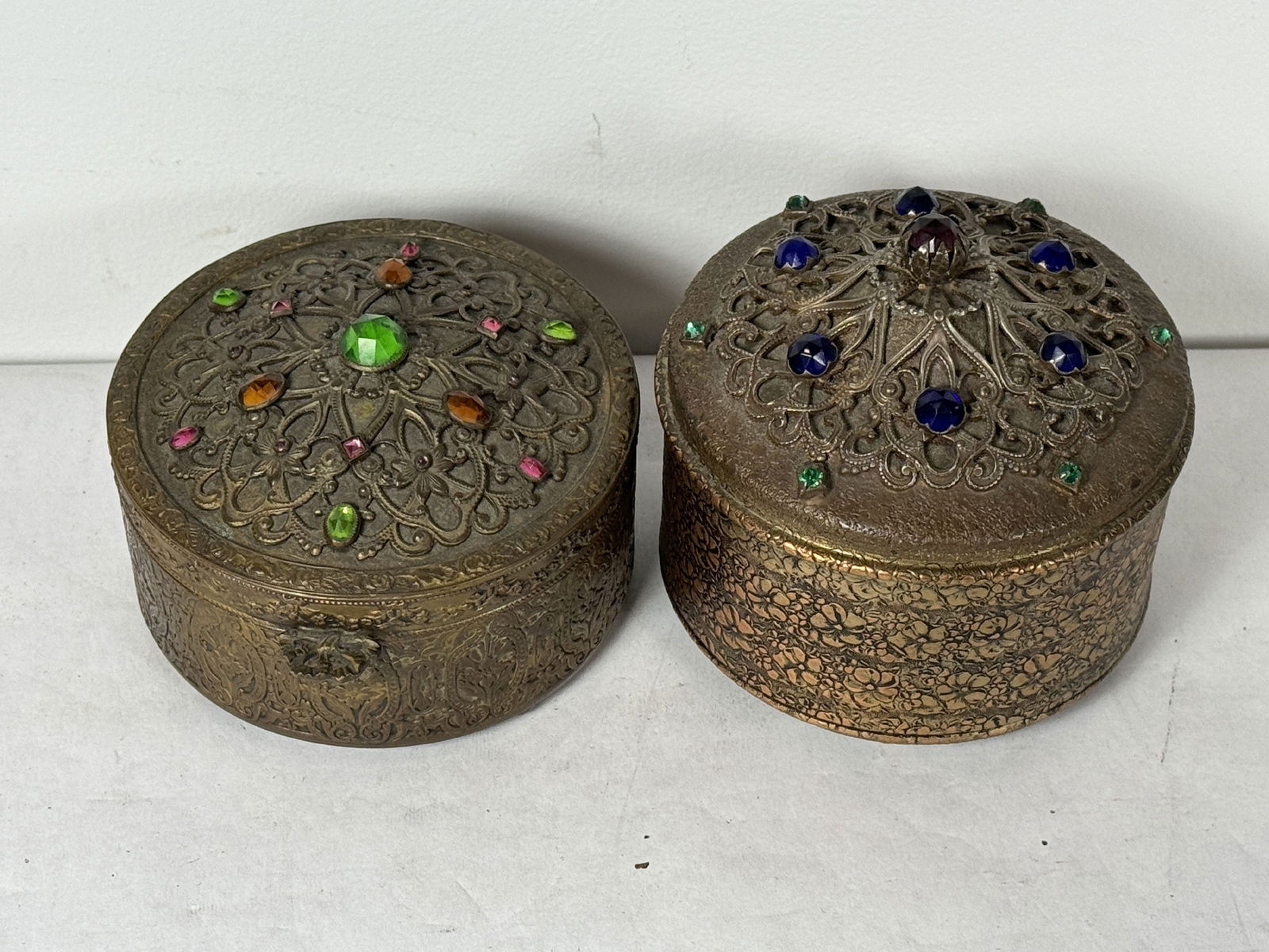 TWO ROUND BEJEWLED GILT BRASS DRESSER BOXES, 4" X 4.5" AND 4.5" X 3.75" (1 of 7)