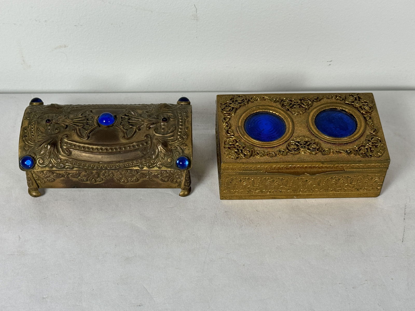TWO BRONZE DRESSER BOXES, ONE W/ GUILLOCHE PANELS AND ONE W/ BLUE JEWELS. 3.75" X 2" X 1.5" EACH (1 of 7)