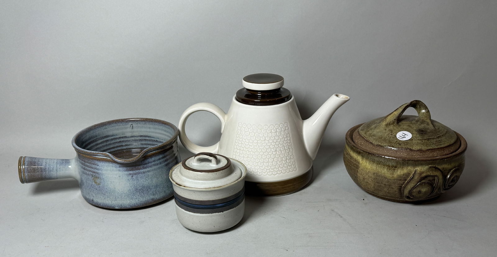 FOUR PIECES MIDCENTURY MODERN POTERY INCLUDES DANSK, GLIDDEN, RORSTRAND FORMA. 10" X 6.5" AND: FOUR PIECES MIDCENTURY MODERN POTERY INCLUDES DANSK, GLIDDEN, RORSTRAND FORMA. 10" X 6.5" AND SMALLER