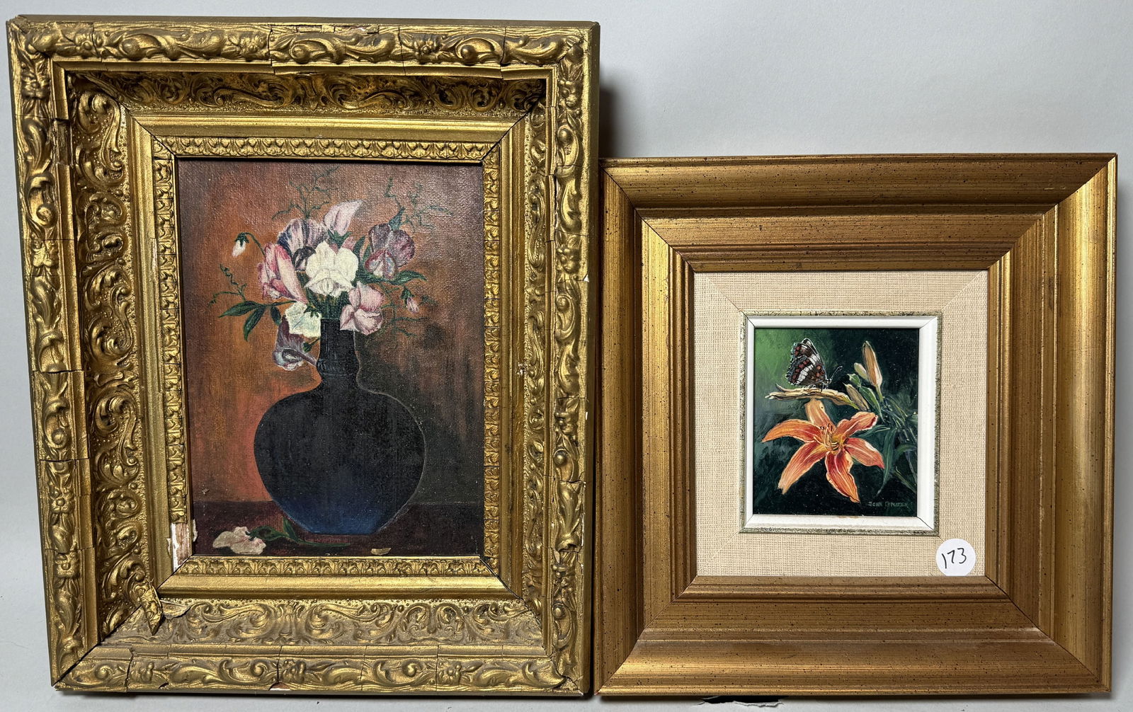 A JOHN GNATEK PAINTING AND AN UNSIGNED STILL LIFE, 9.5" X 9.5" FRAMED AND 3" X 3.5" SIGHT, 10" X 12" (1 of 5)