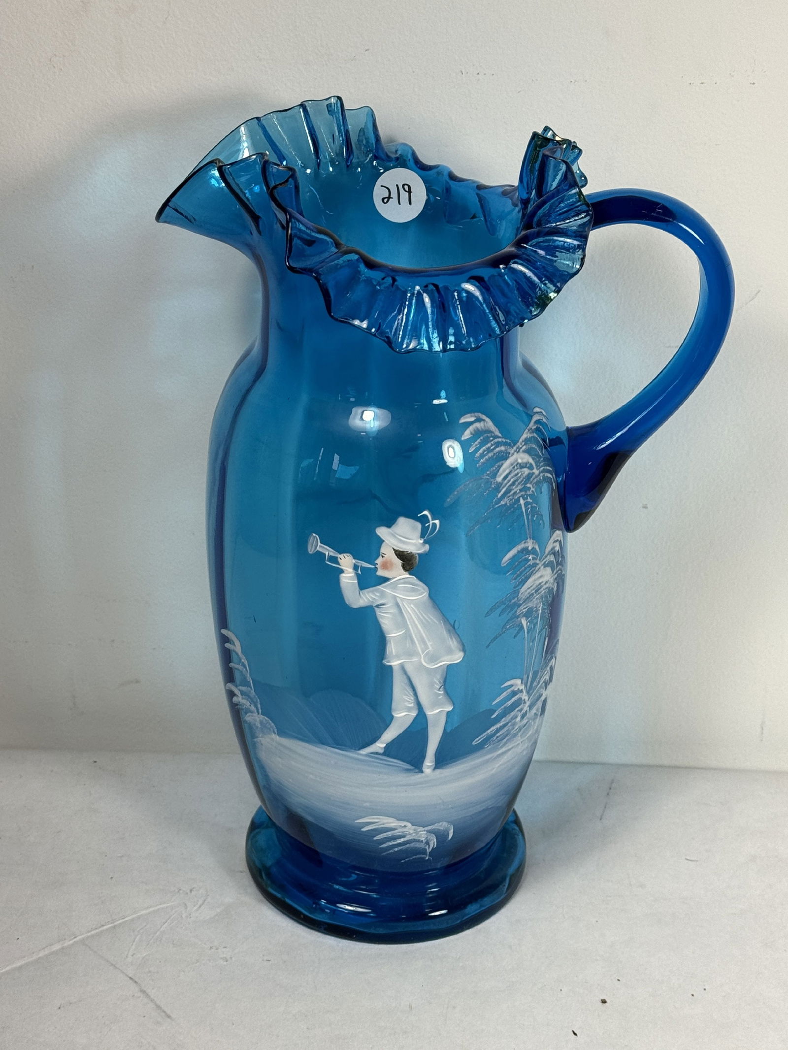 A LARGE BLUE MARY GREGORY PITCHER, 12" TALL (1 of 4)