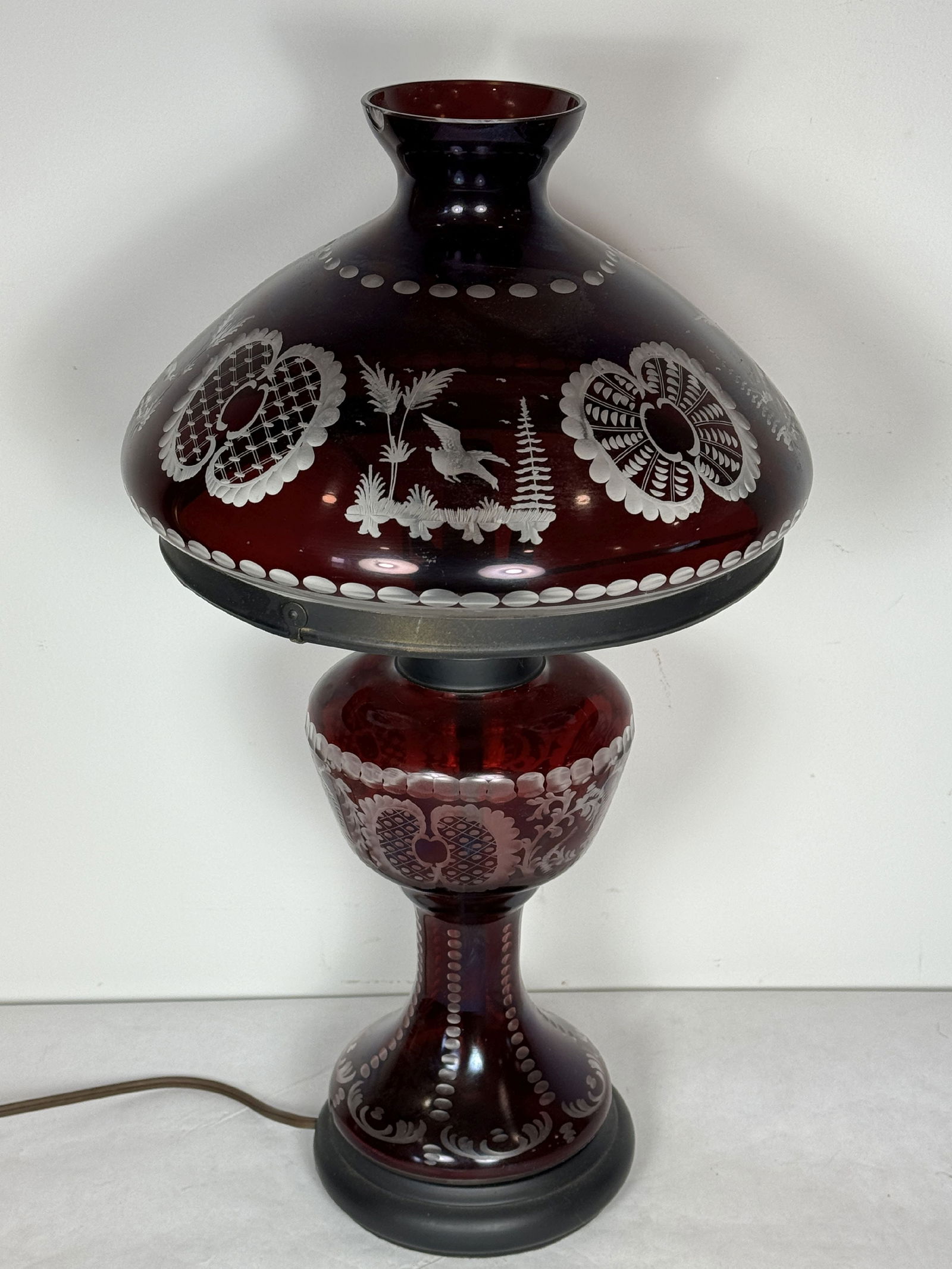 A CRANBERRY CUT TO CLEAR ANTIQUE LAMP, 10" DIAMETER X 19" TALL (1 of 5)